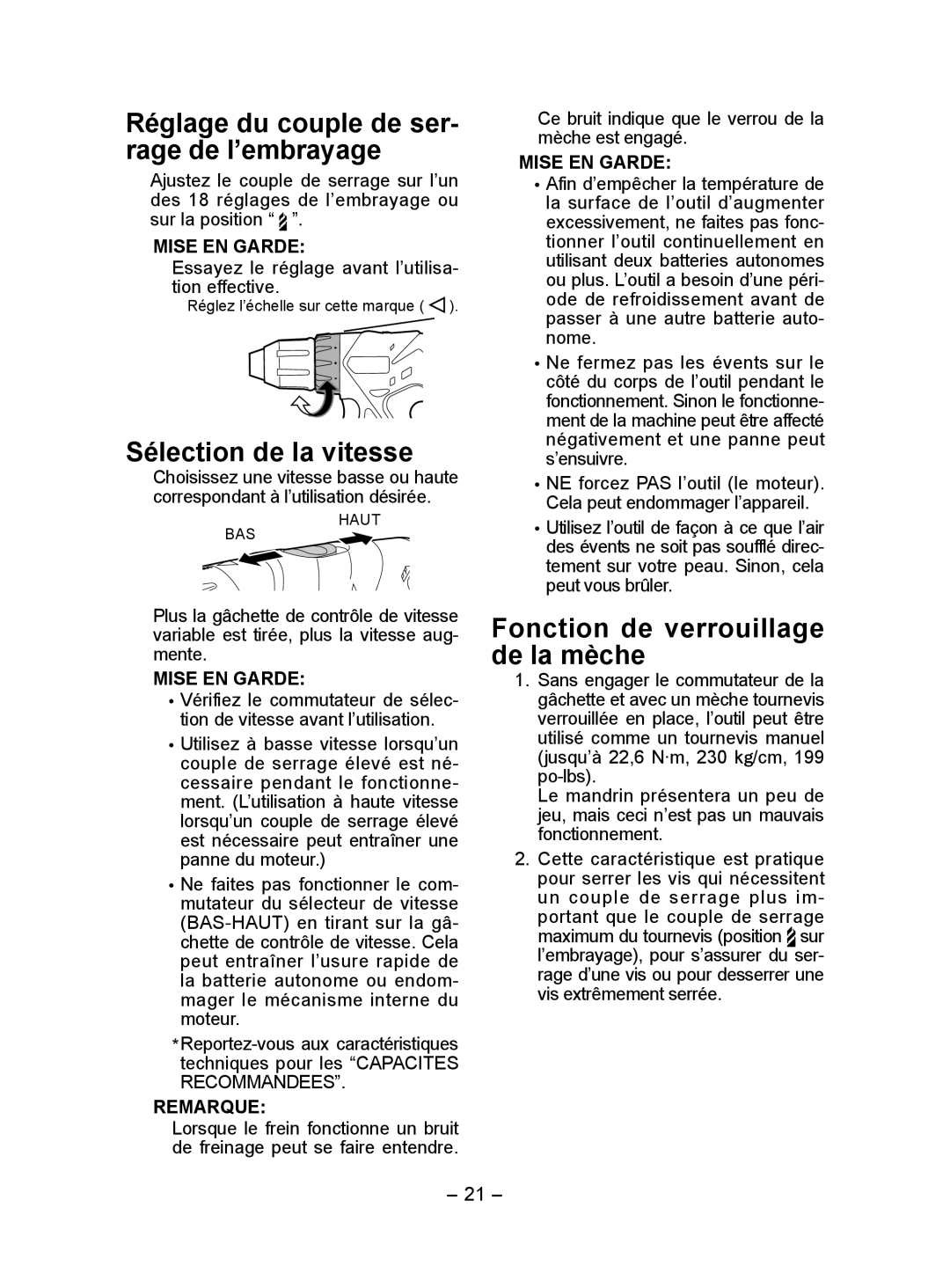 Panasonic EY7440 operating instructions Réglage du couple de ser­ rage de l’embrayage, Sélection de la vitesse 