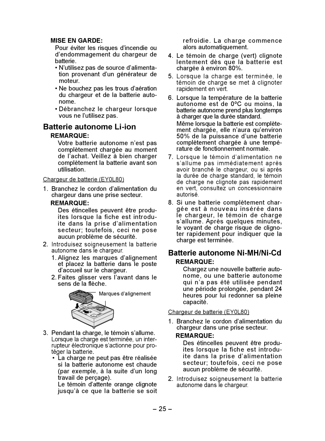 Panasonic EY7440 operating instructions Batterie autonome Li-ion, Batterie autonome Ni-MH/Ni-Cd 