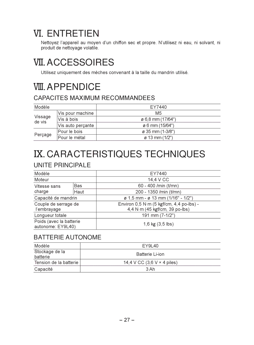 Panasonic EY7440 operating instructions VI. Entretien, VII. Accessoires, VIII. Appendice, IX. Caracteristiques Techniques 