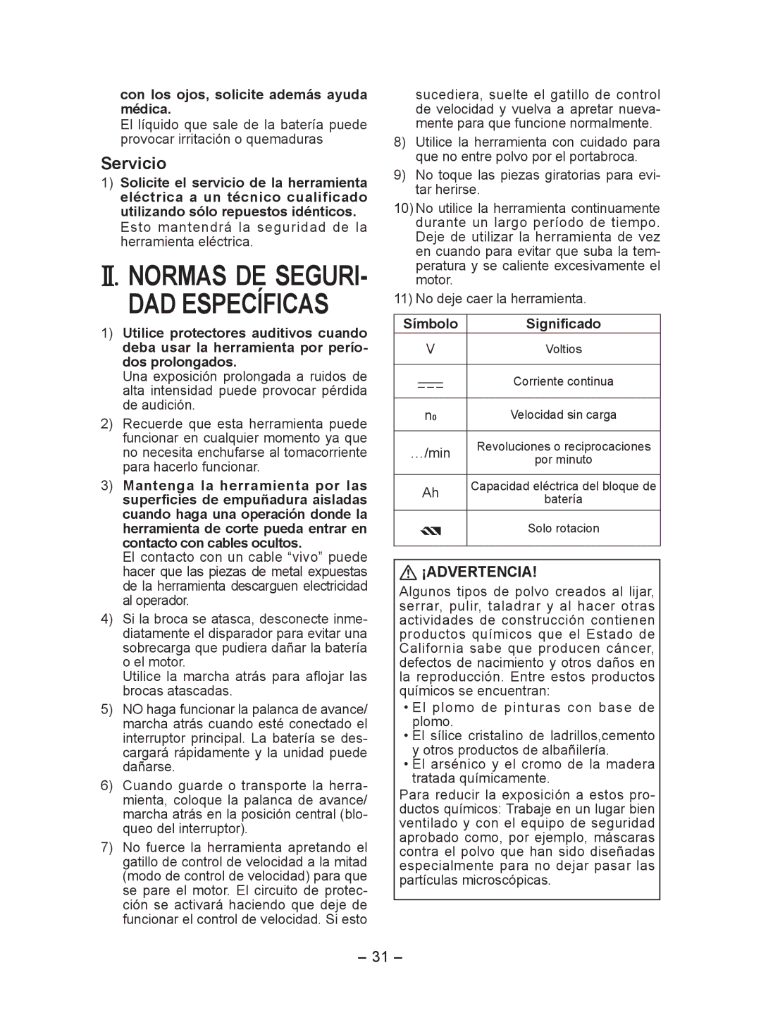 Panasonic EY7440 DAD Específicas, Servicio, ¡Advertencia, Con los ojos, solicite además ayuda médica, Símbolo Significado 