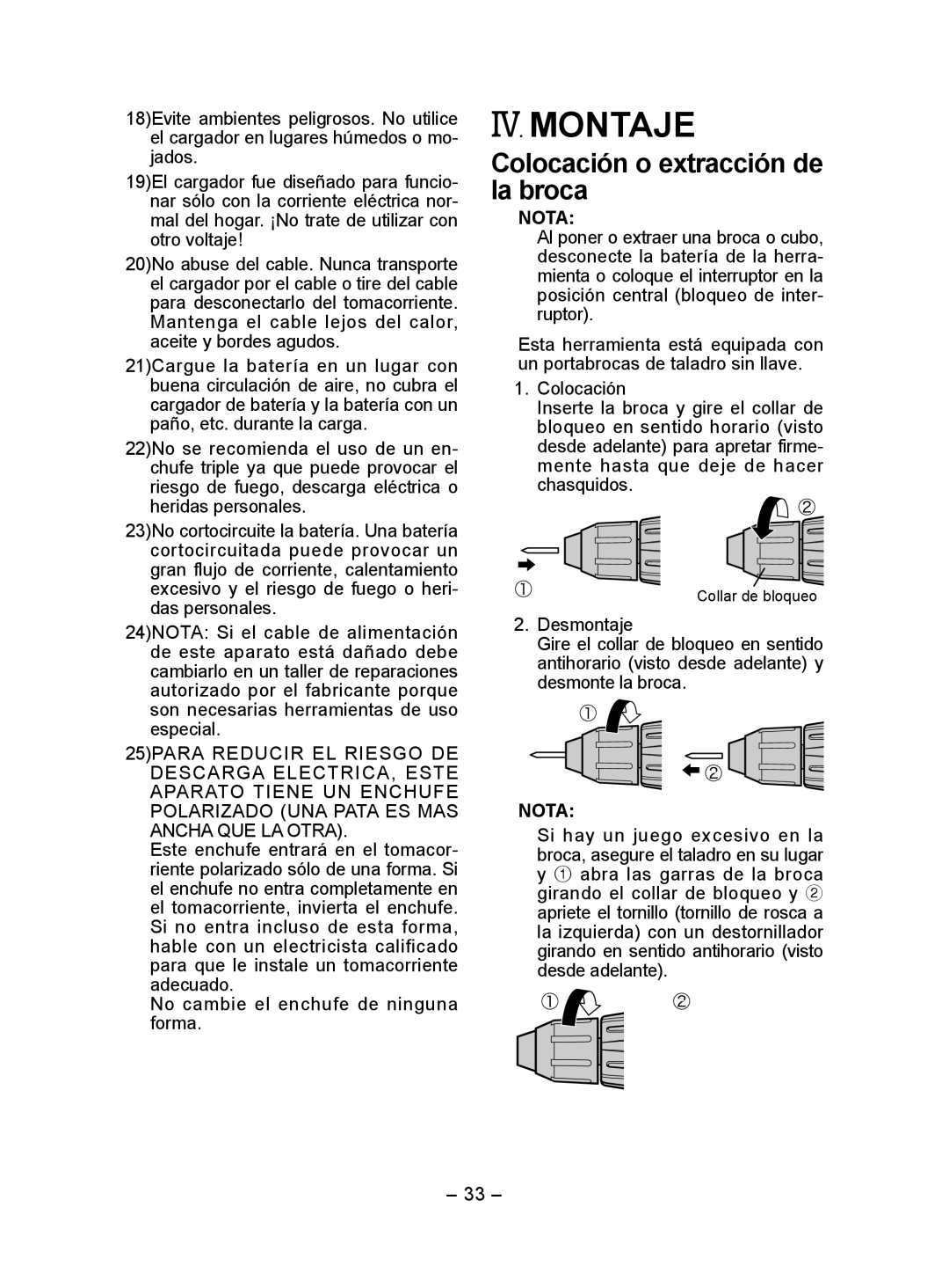 Panasonic EY7440 operating instructions IV. Montaje, Colocación o extracción de la broca, Nota 