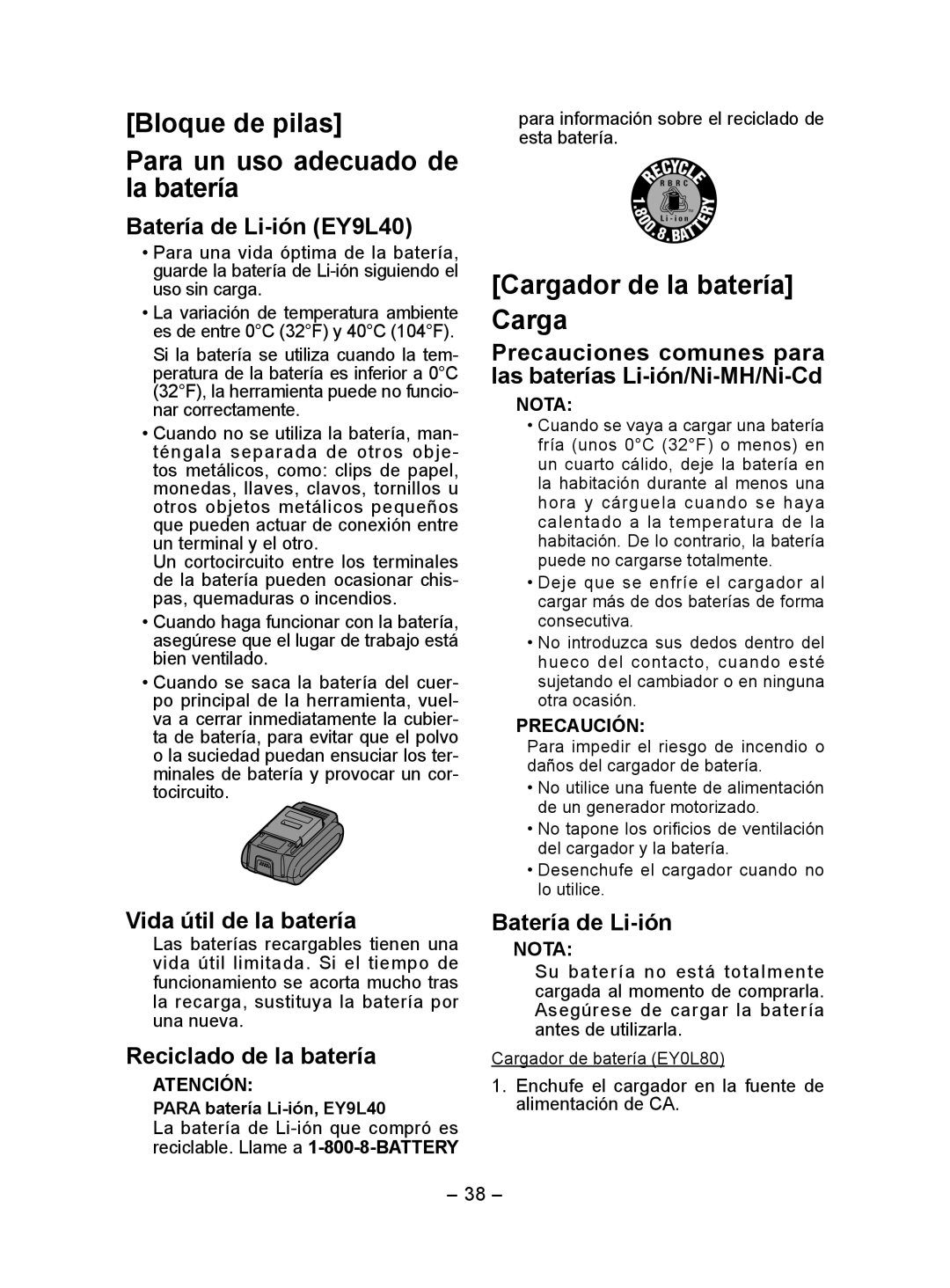 Panasonic EY7440 operating instructions Bloque de pilas Para un uso adecuado de la batería, Cargador de la batería Carga 