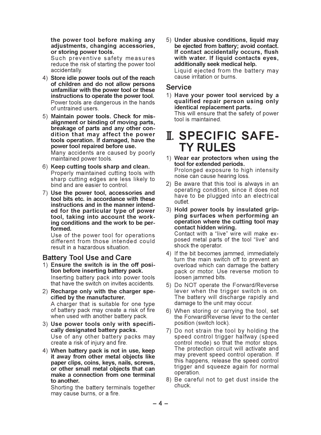 Panasonic EY7440 operating instructions II. Specific SAFE­ TY Rules, Battery Tool Use and Care, Service 