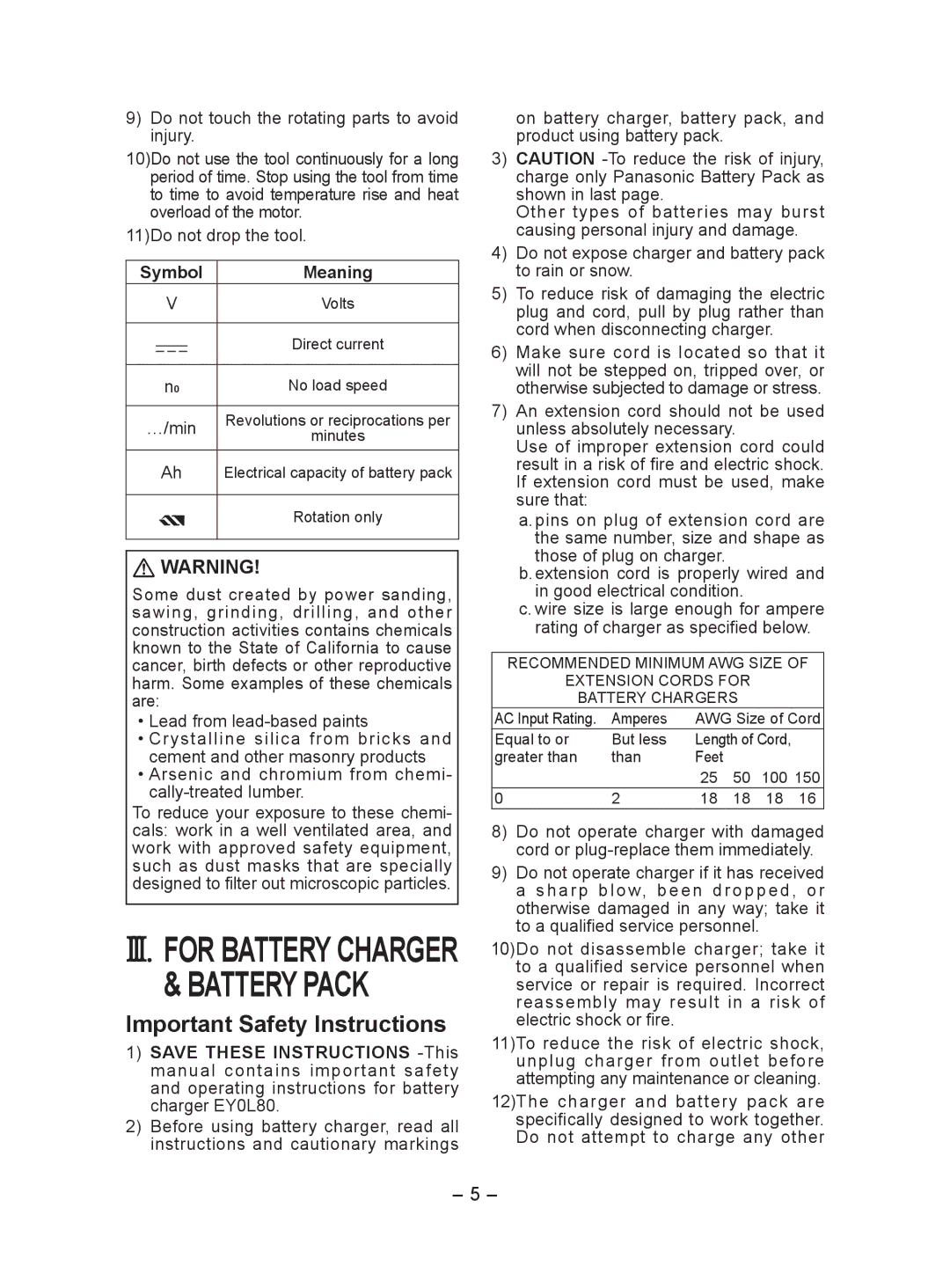 Panasonic EY7440 III. for Battery Charger & Battery Pack, Important Safety Instructions, Symbol Meaning 