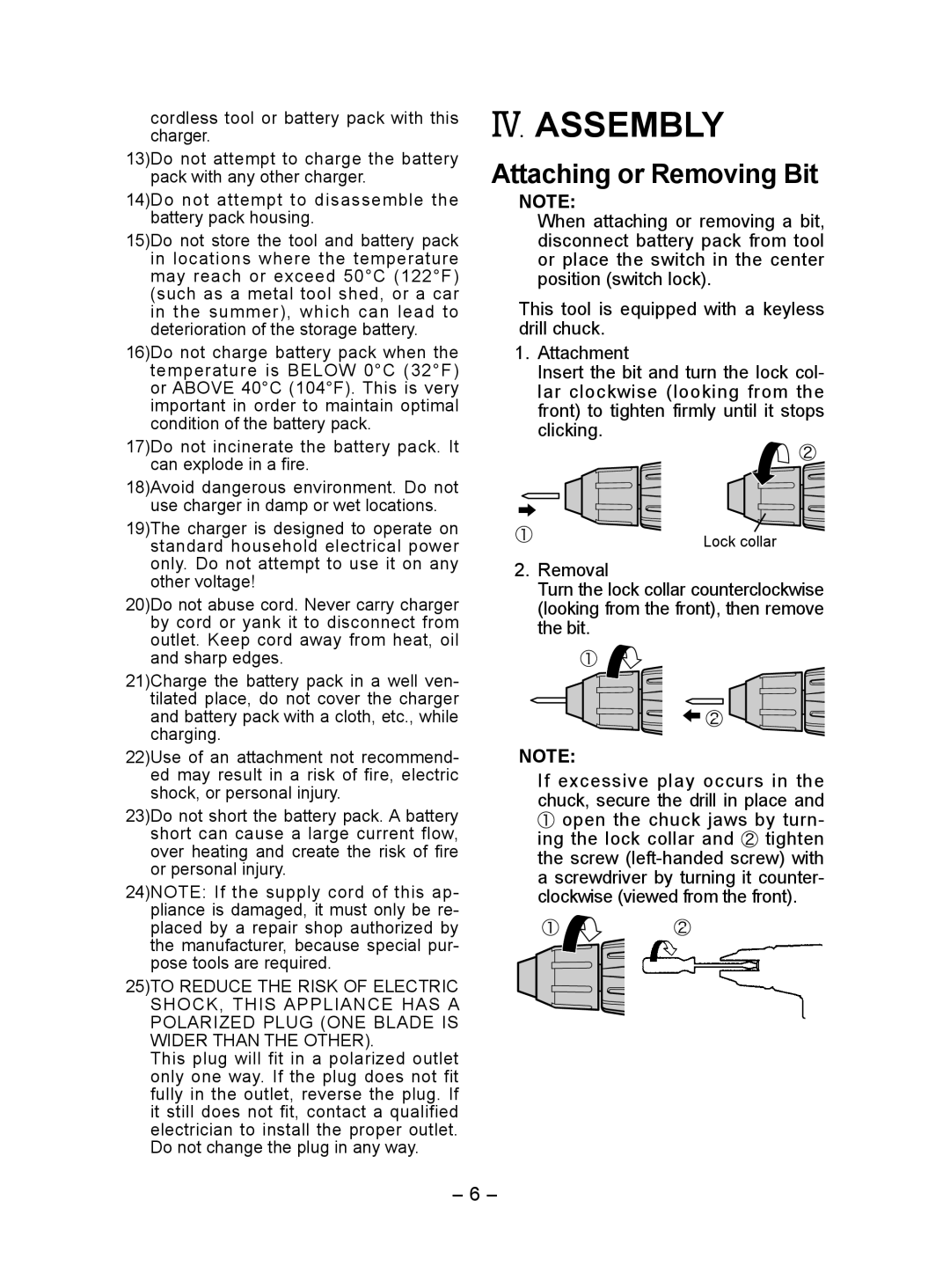 Panasonic EY7440 operating instructions IV. Assembly, Attaching or Removing Bit 