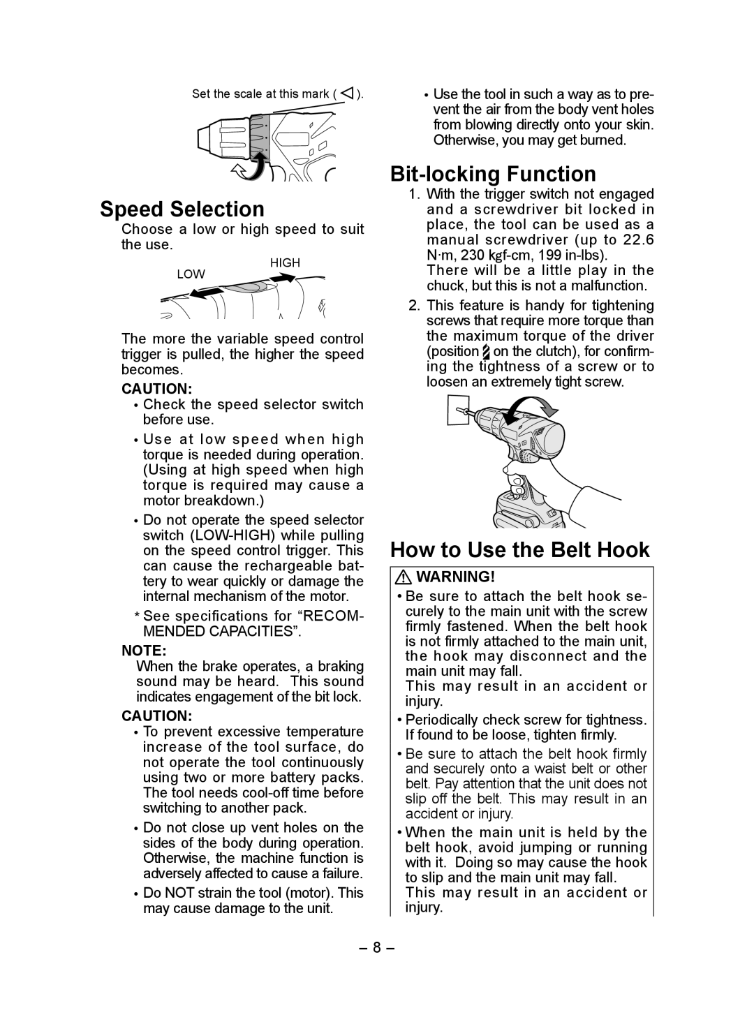 Panasonic EY7440 operating instructions Speed Selection, Bit-locking Function, How to Use the Belt Hook 