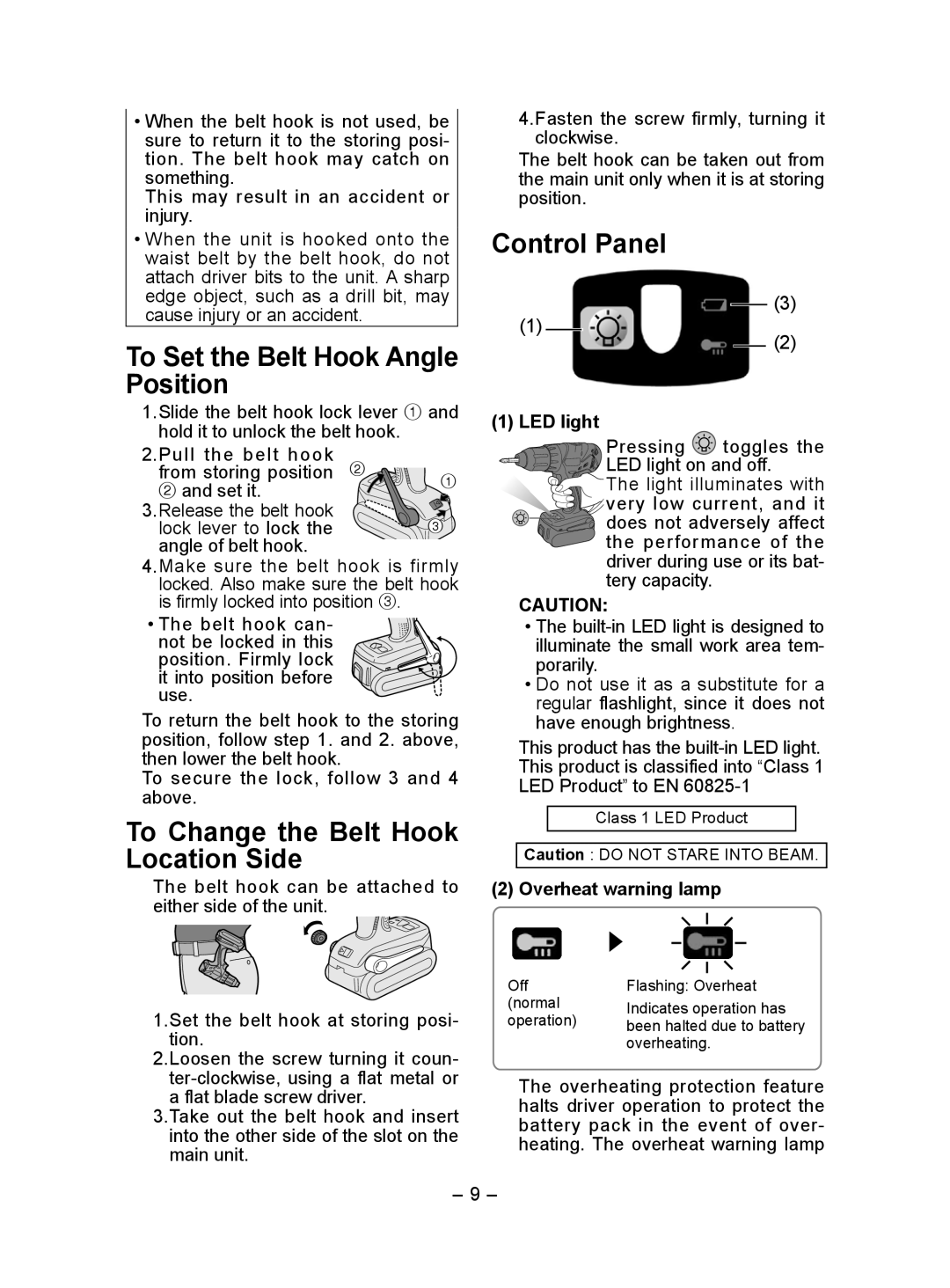 Panasonic EY7440 Control Panel, To Set the Belt Hook Angle Position, To Change the Belt Hook Location Side, LED light 