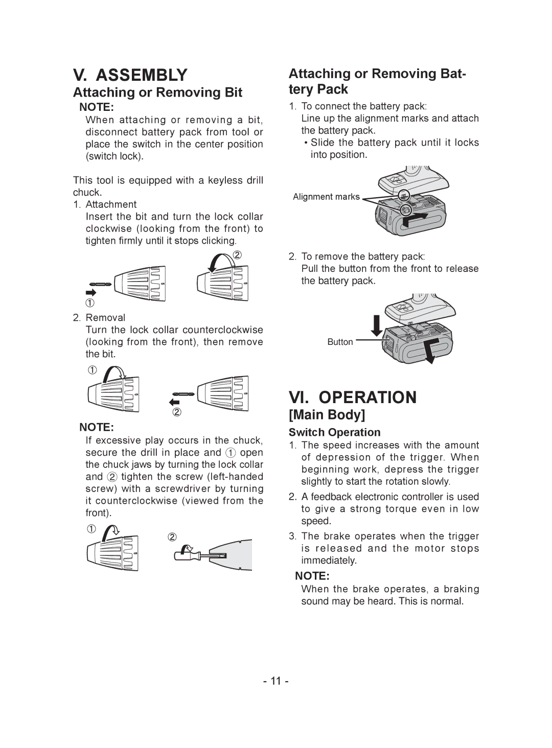 Panasonic EY7441 Assembly, VI. Operation, Attaching or Removing Bit, Attaching or Removing Bat- tery Pack, Main Body 