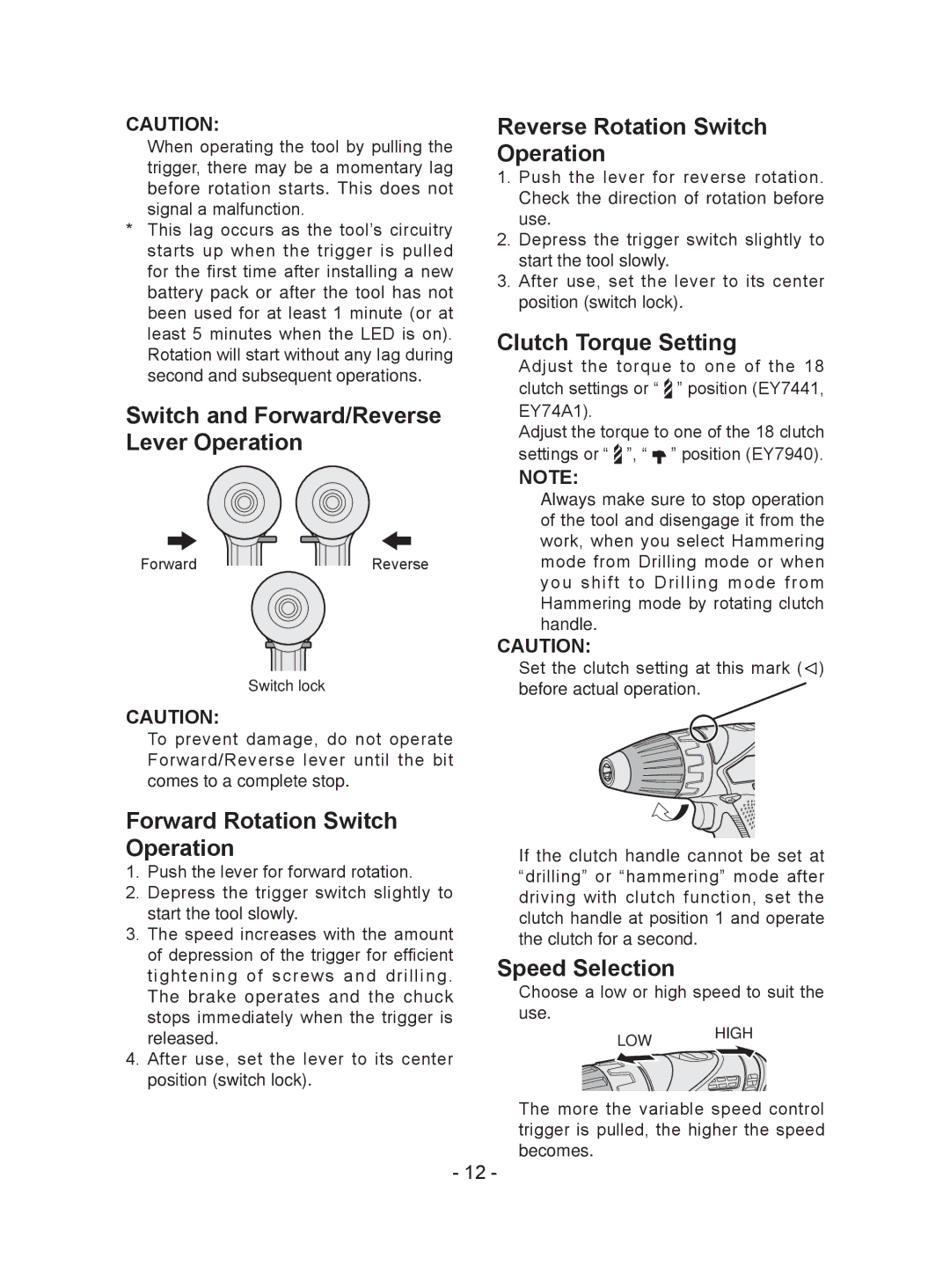 Panasonic EY7441 Switch and Forward/Reverse Lever Operation, Forward Rotation Switch Operation, Clutch Torque Setting 