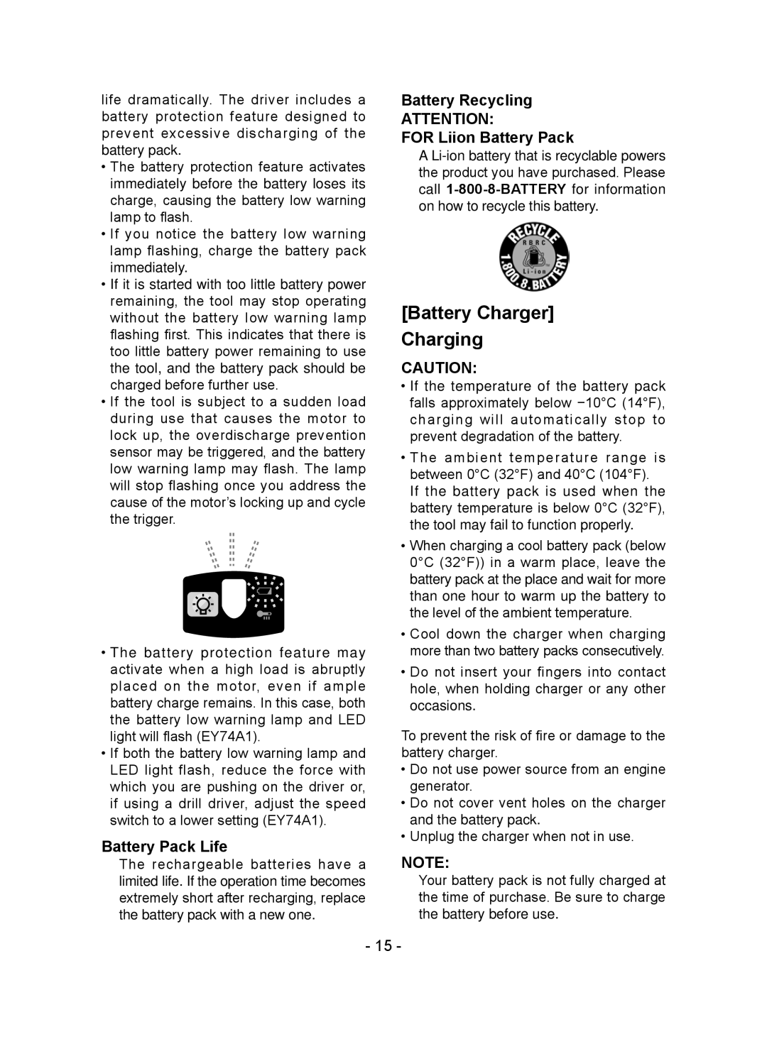 Panasonic EY7441 Battery Charger Charging, Battery Pack Life, Battery Recycling For Liion­ Battery Pack 