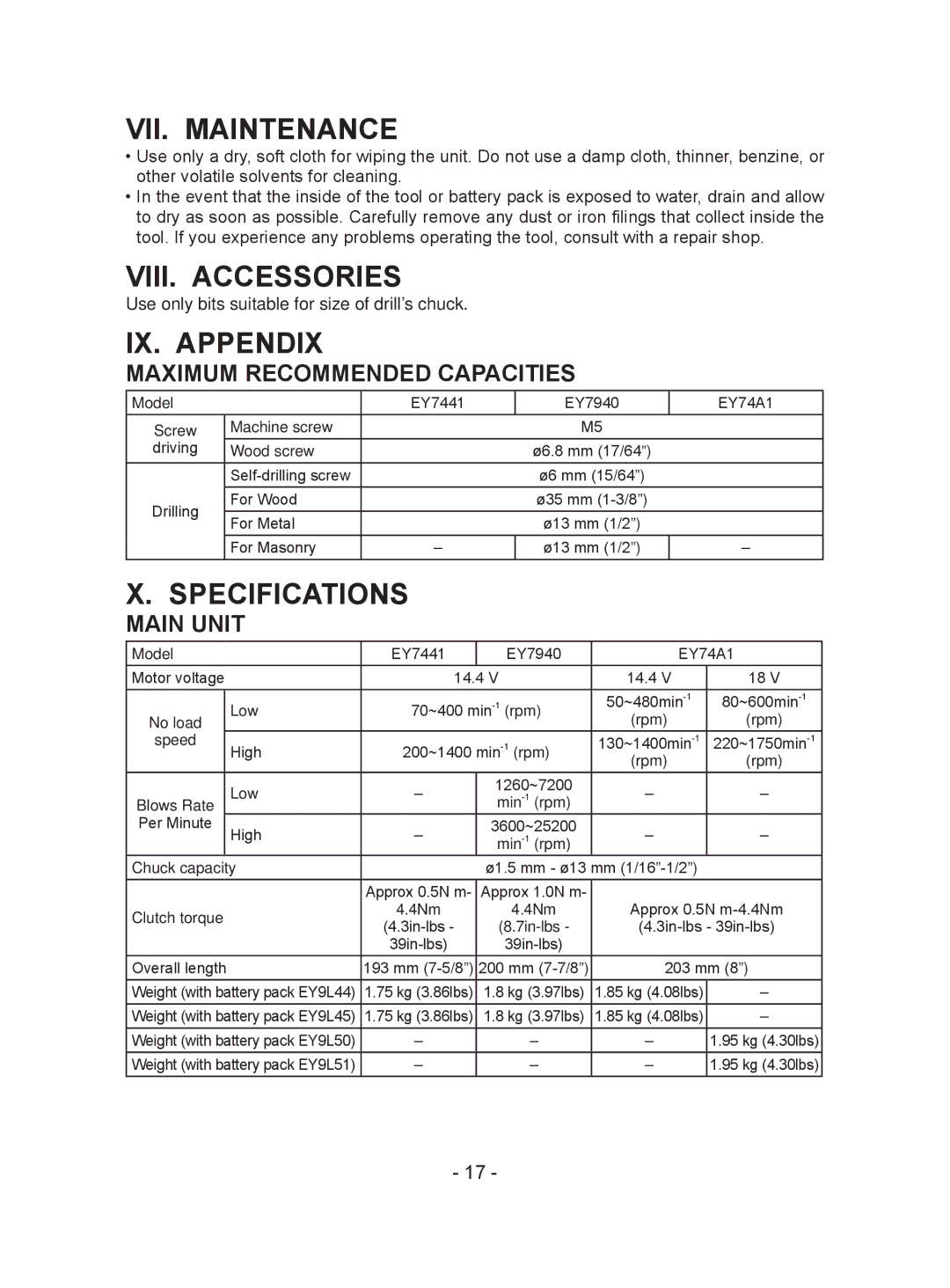 Panasonic EY7441 operating instructions VII. Maintenance, VIII. Accessories, IX. Appendix, Specifications 