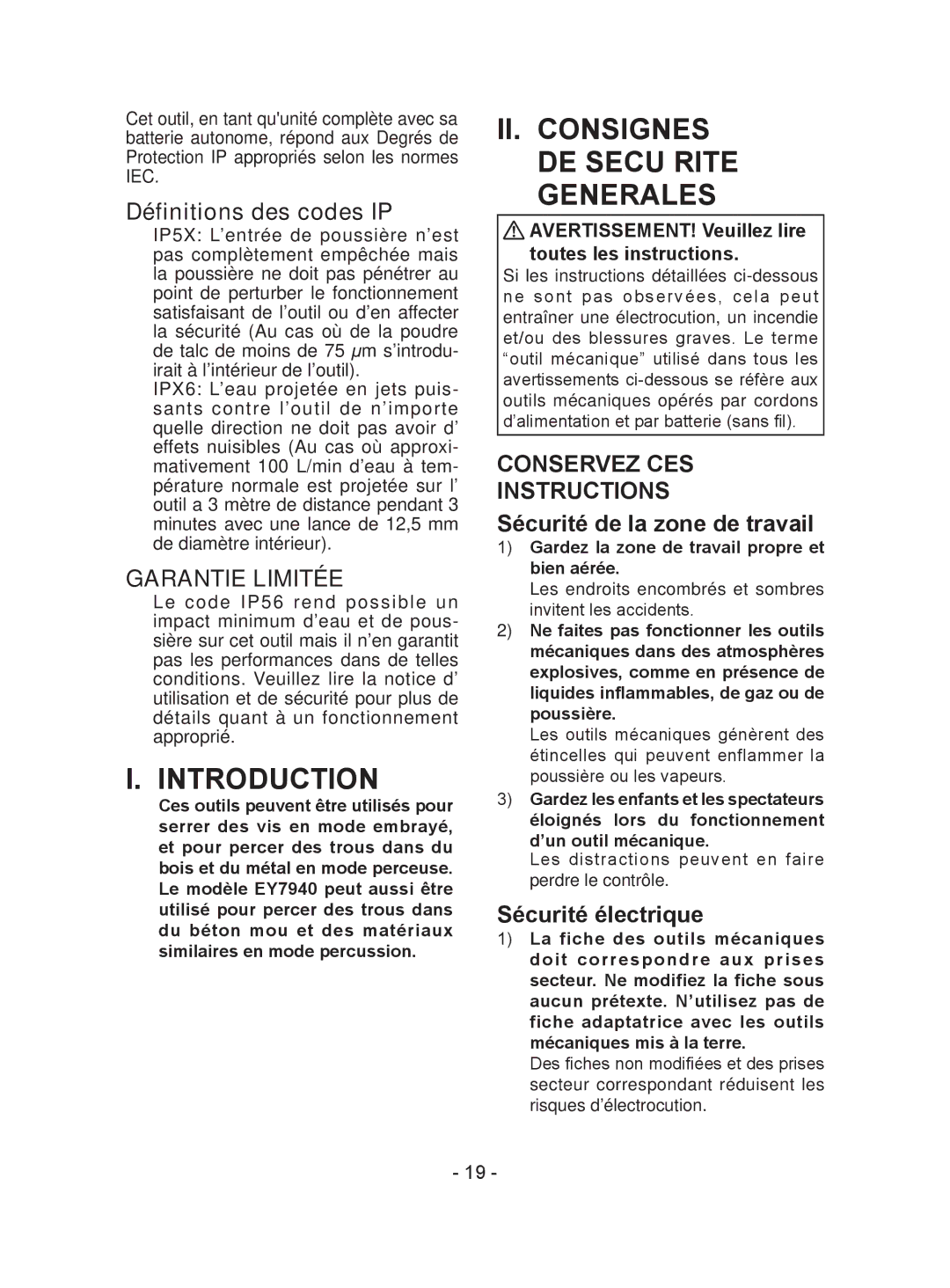 Panasonic EY7441 operating instructions II. Consignes DE Secu Rite Generales, Garantie Limitée, Conservez CES Instructions 