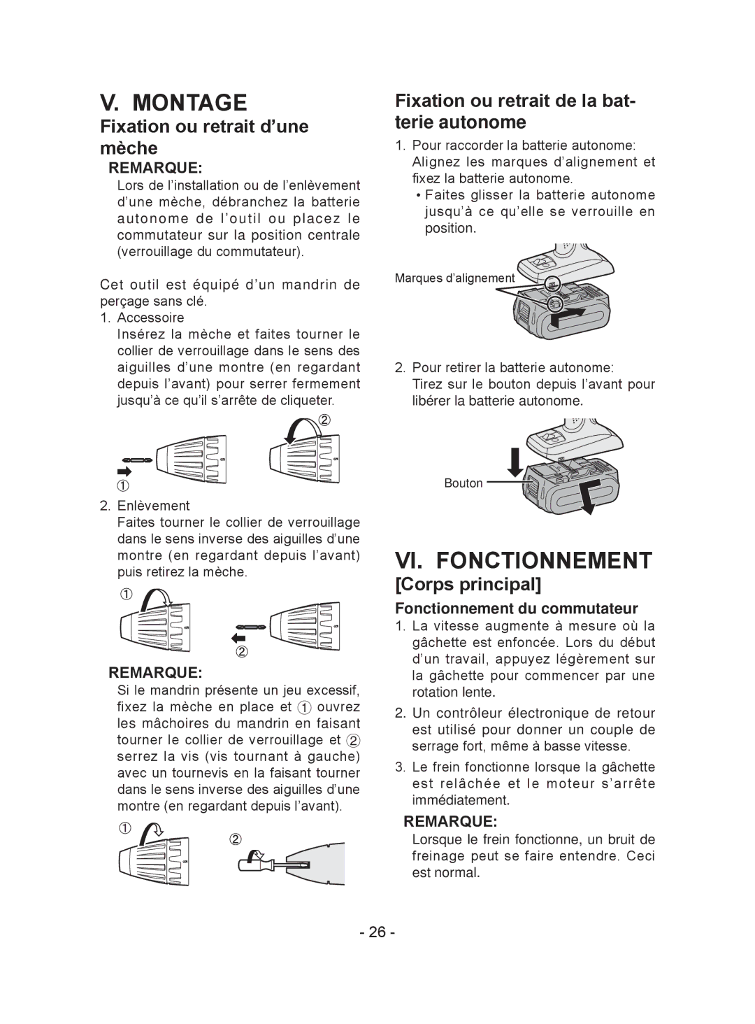 Panasonic EY7441 operating instructions Montage, VI. Fonctionnement, Fixation ou retrait d’une mèche, Corps principal 