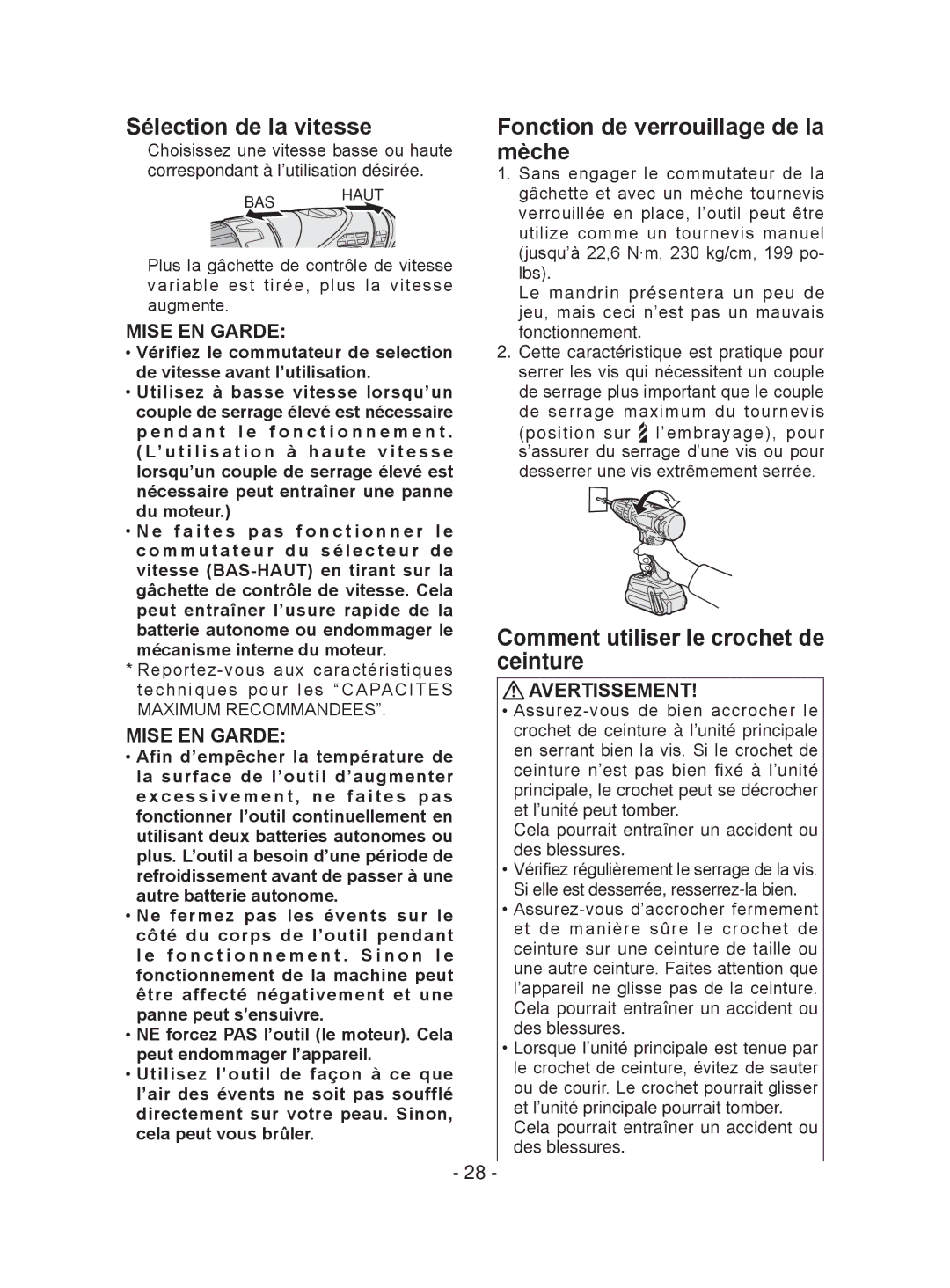 Panasonic EY7441 operating instructions Sélection de la vitesse Fonction de verrouillage de la, Mèche, Ceinture 