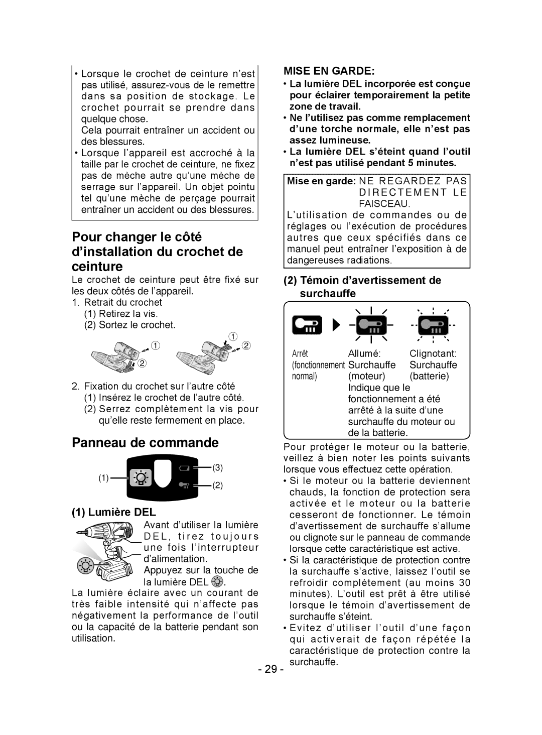 Panasonic EY7441 Pour changer le côté d’installation du crochet de ceinture, Panneau de commande, Lumière DEL 