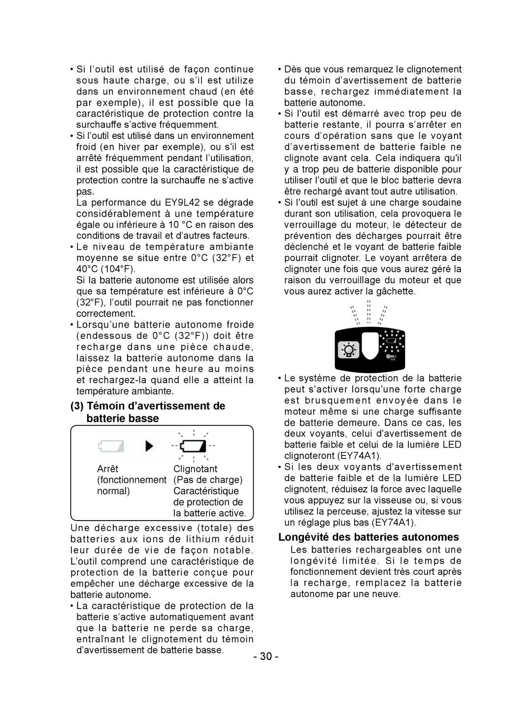 Panasonic EY7441 operating instructions Témoin d’avertissement de batterie basse, Longévité des batteries autonomes 