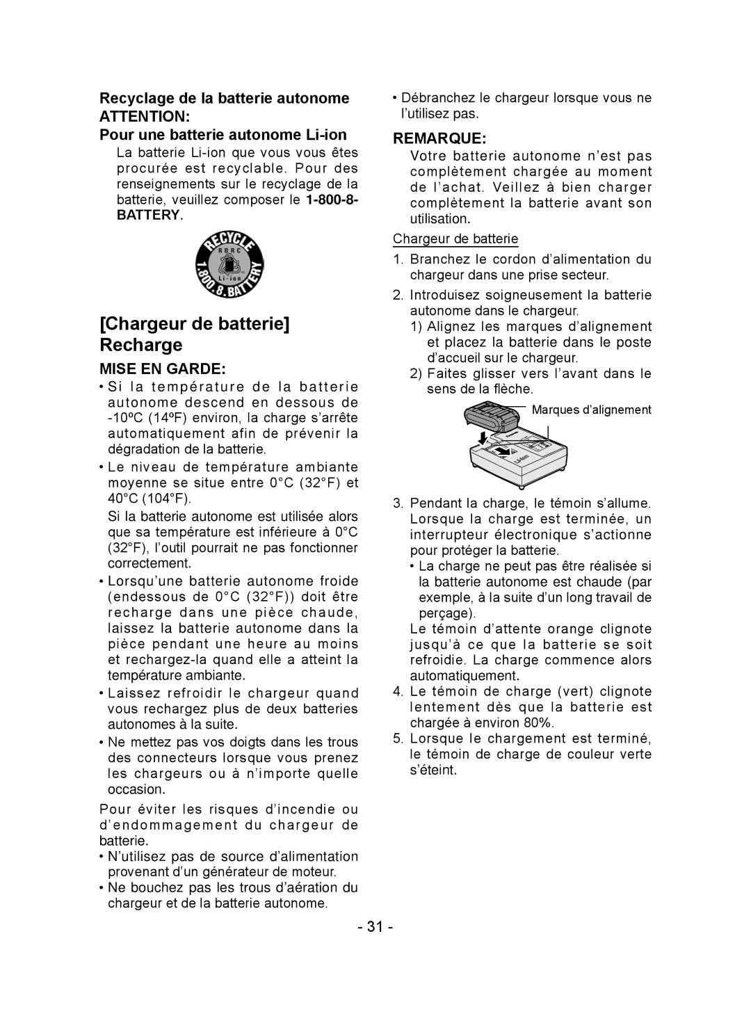 Panasonic EY7441 operating instructions Chargeur de batterie Recharge, Remarque 