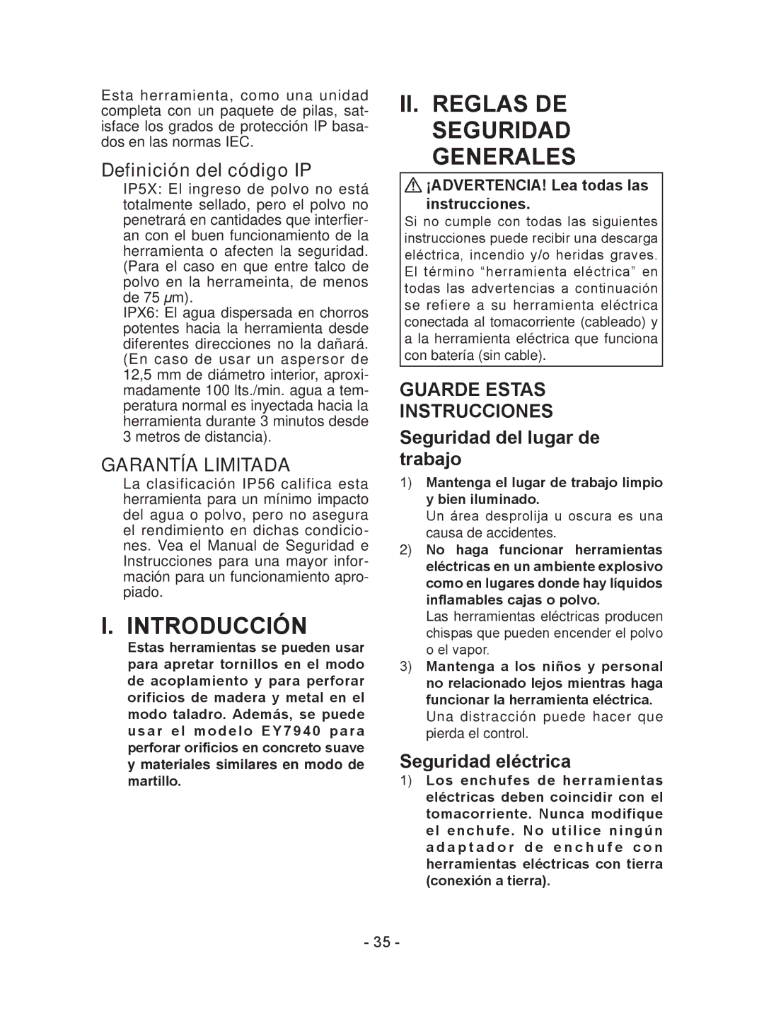 Panasonic EY7441 Introducción, II. Reglas DE Seguridad Generales, Garantía Limitada, Guarde Estas Instrucciones 