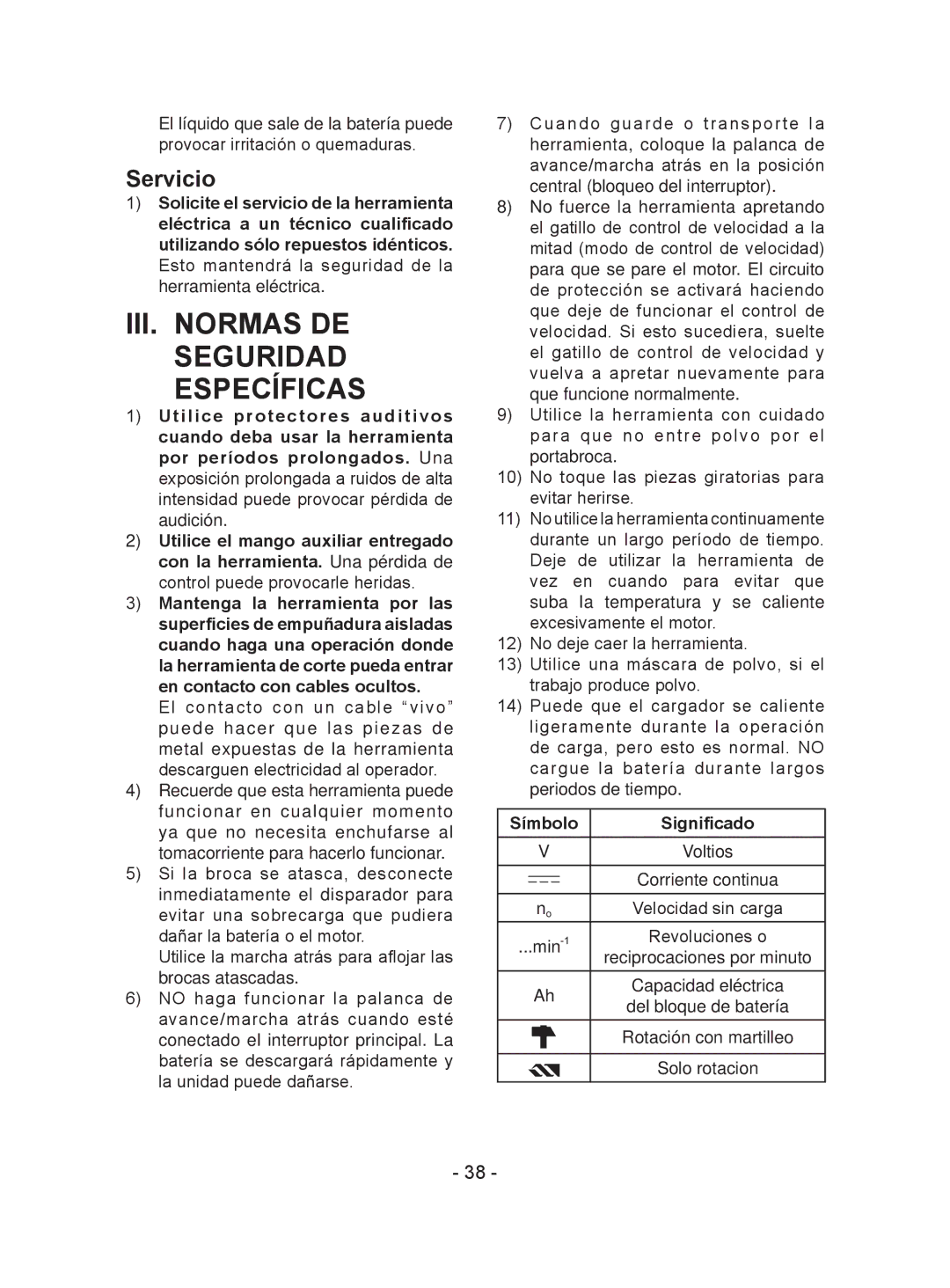 Panasonic EY7441 operating instructions III. Normas DE Seguridad Específicas, Servicio, Símbolo Significado 