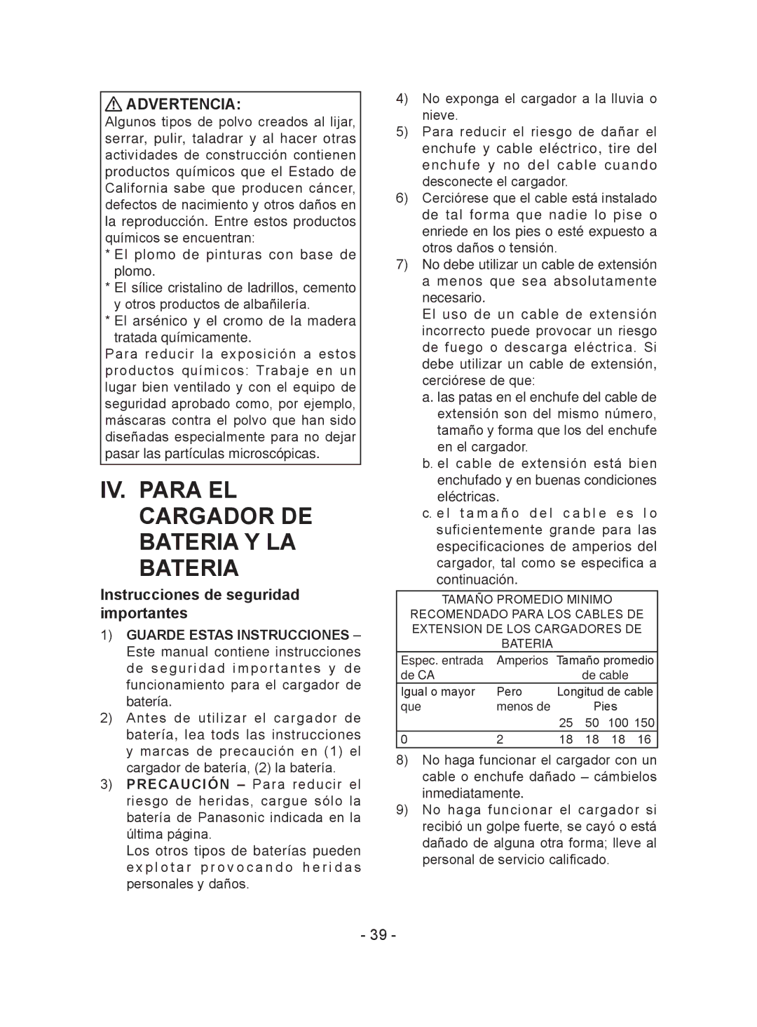 Panasonic EY7441 IV. Para EL Cargador DE Bateria Y LA Bateria, Advertencia, Instrucciones de seguridad importantes 