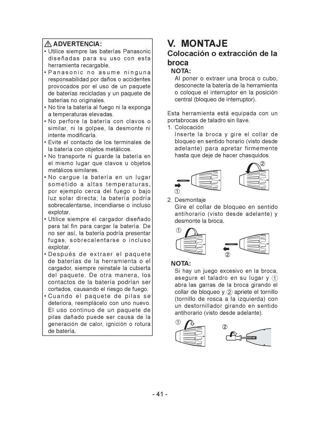 Panasonic EY7441 operating instructions Montaje, Colocación o extracción de la broca, Nota 