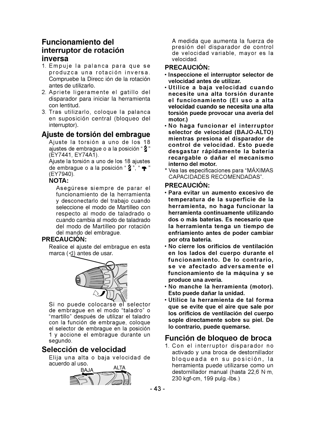 Panasonic EY7441 operating instructions Funcionamiento del interruptor de rotación inversa, Ajuste de torsión del embrague 