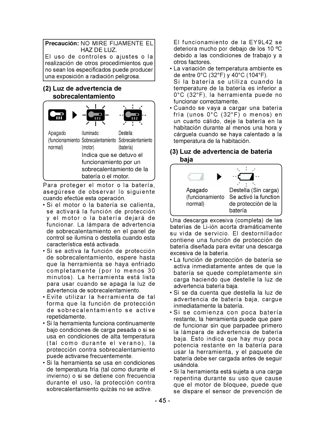 Panasonic EY7441 operating instructions Luz de advertencia de sobrecalentamiento, Luz de advertencia de batería baja 