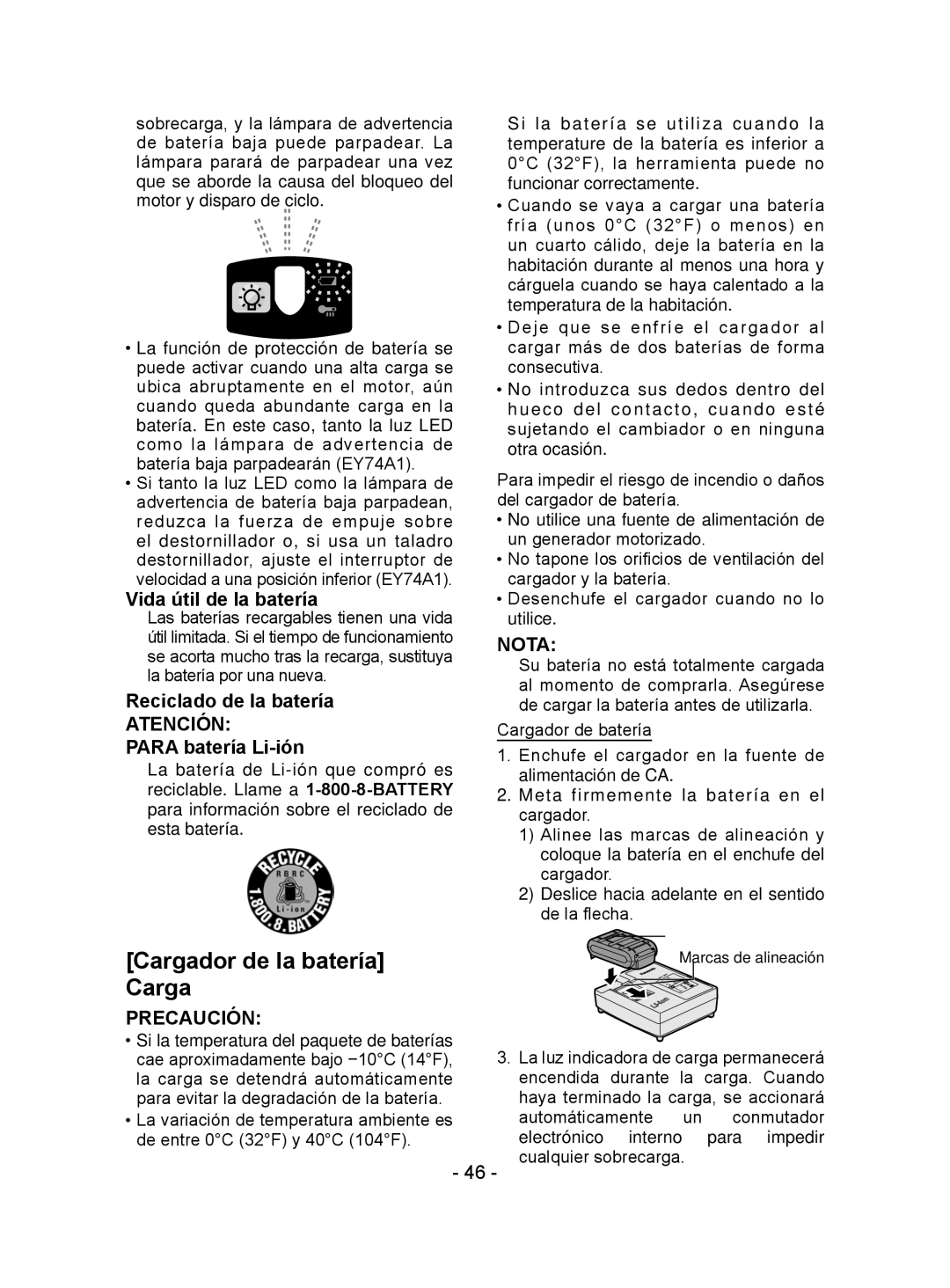 Panasonic EY7441 Cargador de la batería Carga, Vida útil de la batería, Reciclado de la batería, Atención 