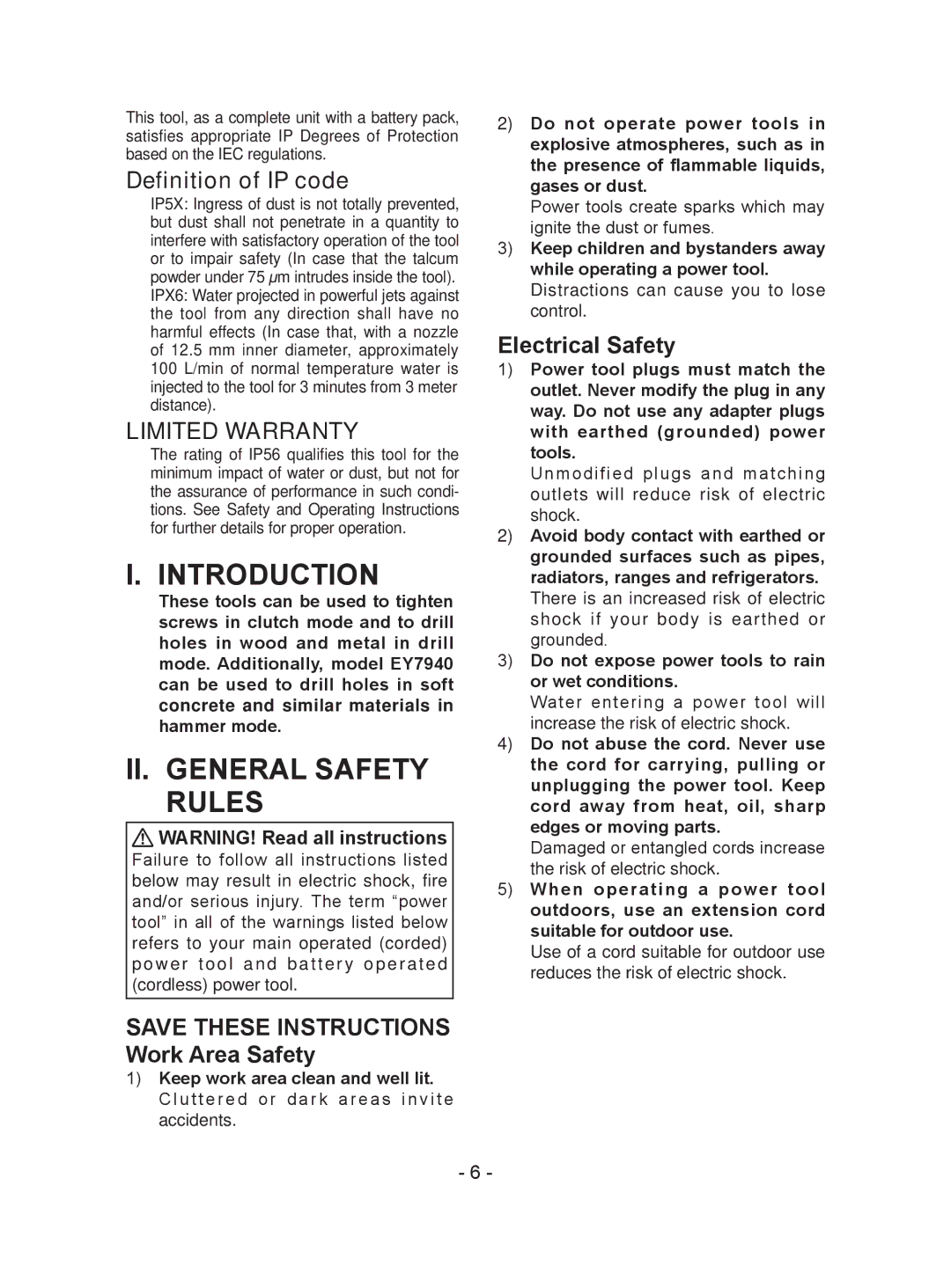 Panasonic EY7441 Introduction, II. General Safety Rules, Definition of IP code, Limited Warranty, Electrical Safety 