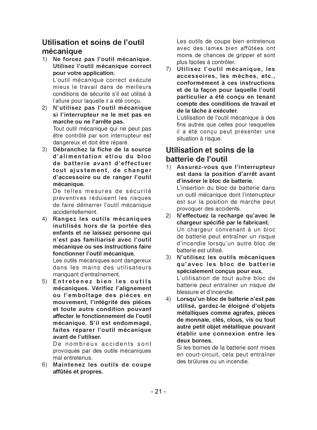 Panasonic EY74A1, EY7940, EY7441 Utilisation et soins de l’outil mécanique, Utilisation et soins de la batterie de l’outil 