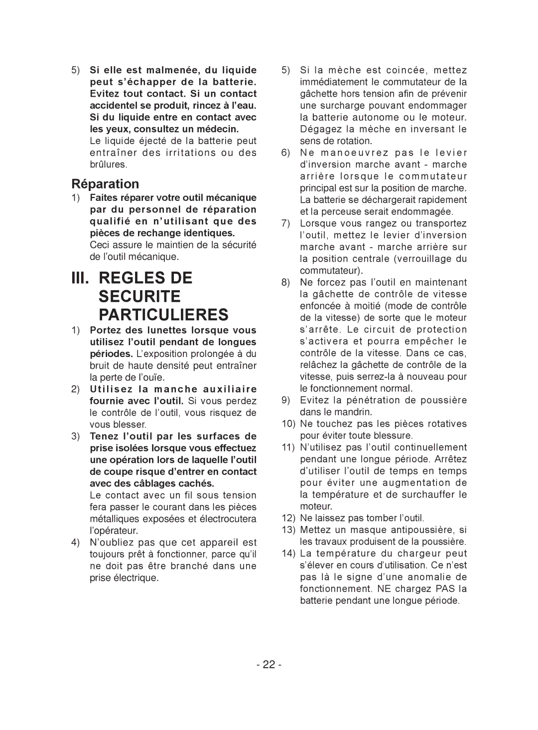 Panasonic EY7940, EY74A1, EY7441 operating instructions III. Regles DE Securite Particulieres, Réparation 