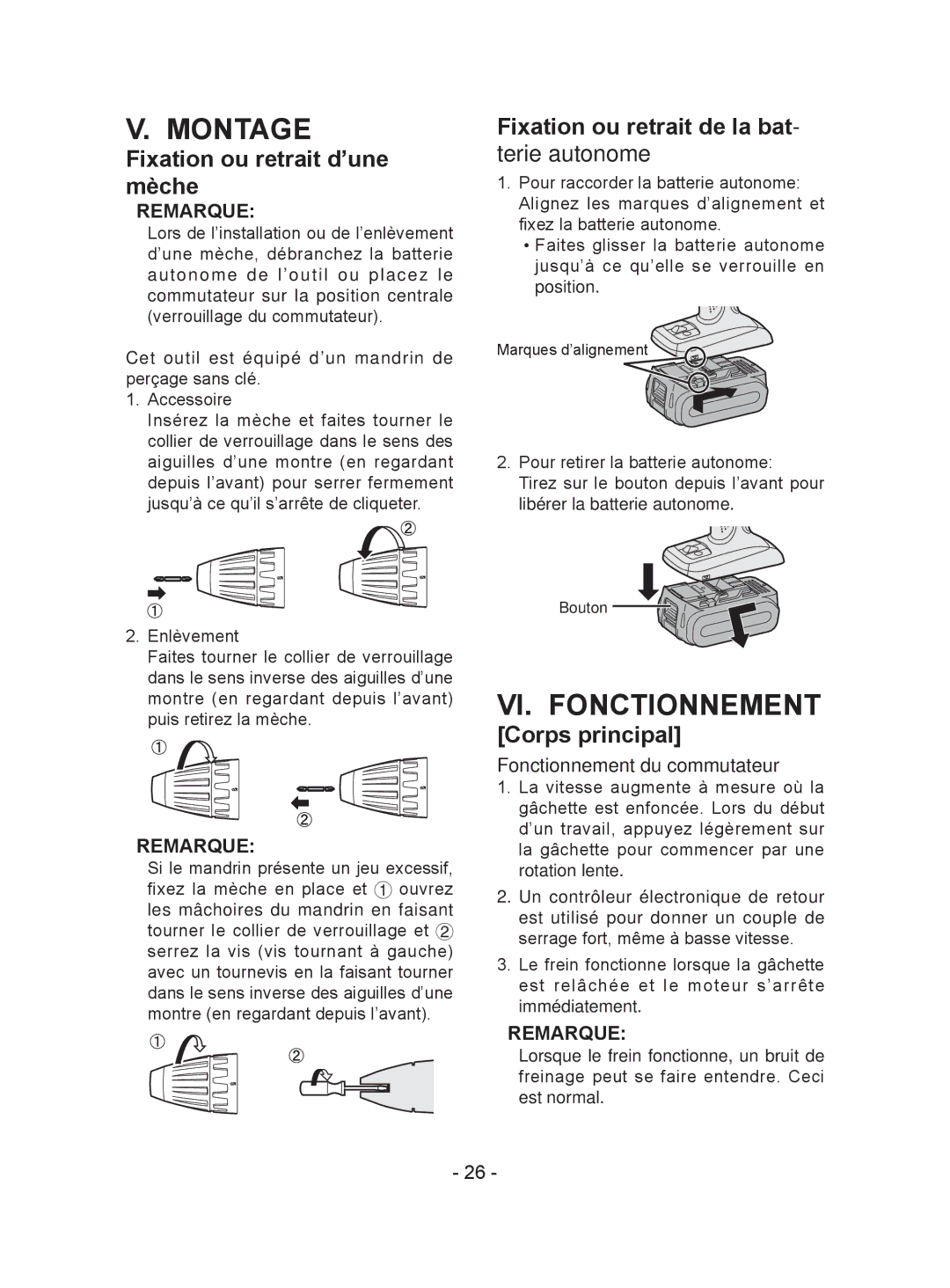 Panasonic EY7441, EY74A1, EY7940 Montage, VI. Fonctionnement, Fixation ou retrait d’une mèche, Corps principal 