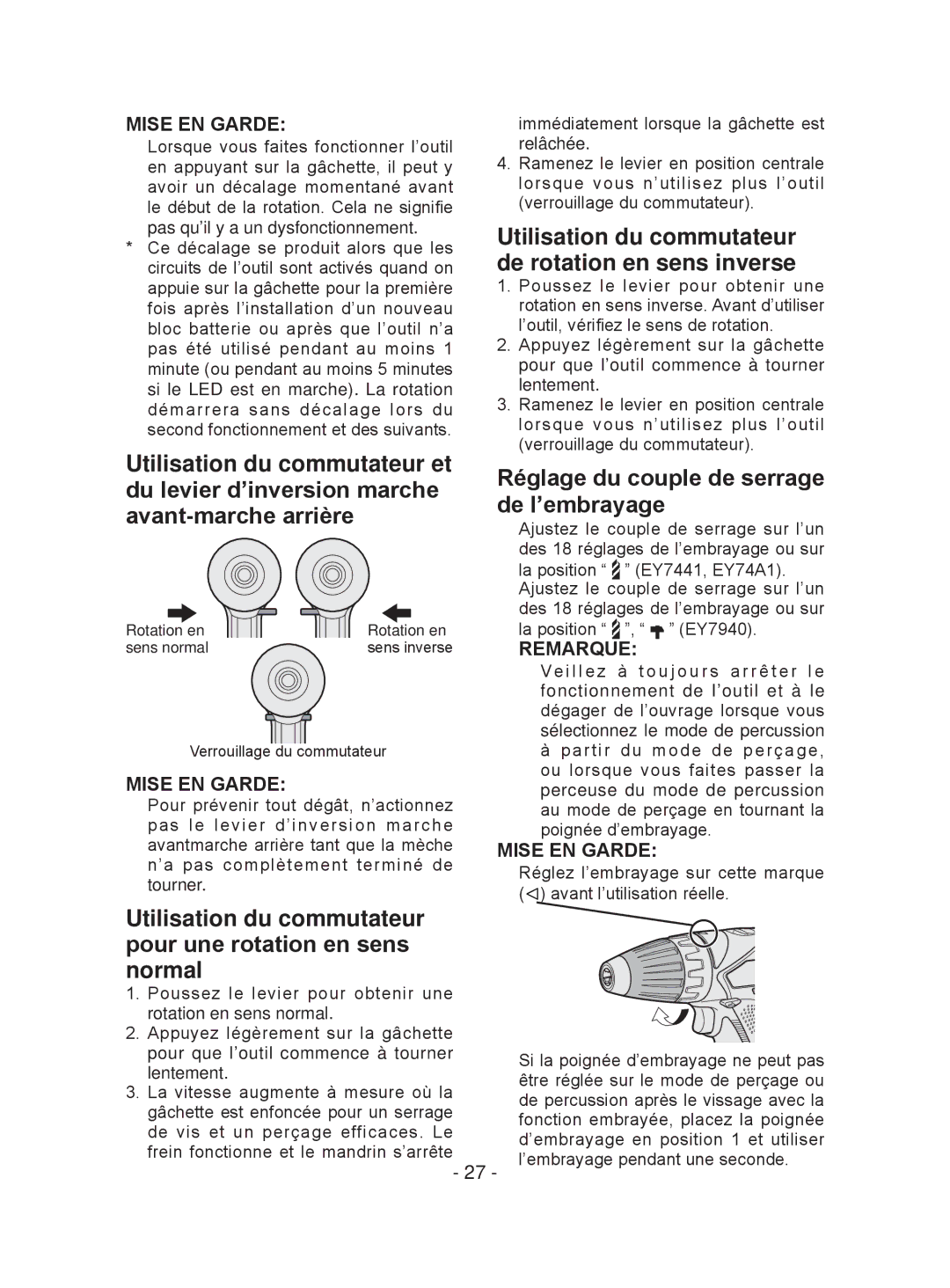 Panasonic EY74A1, EY7940 De rotation en sens inverse, Utilisation du commutateur et, Du levier d’inversion marche 