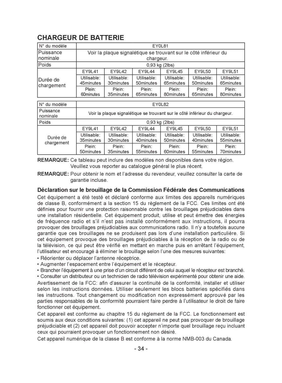 Panasonic EY7940, EY74A1, EY7441 operating instructions Chargeur DE Batterie, Chargement 