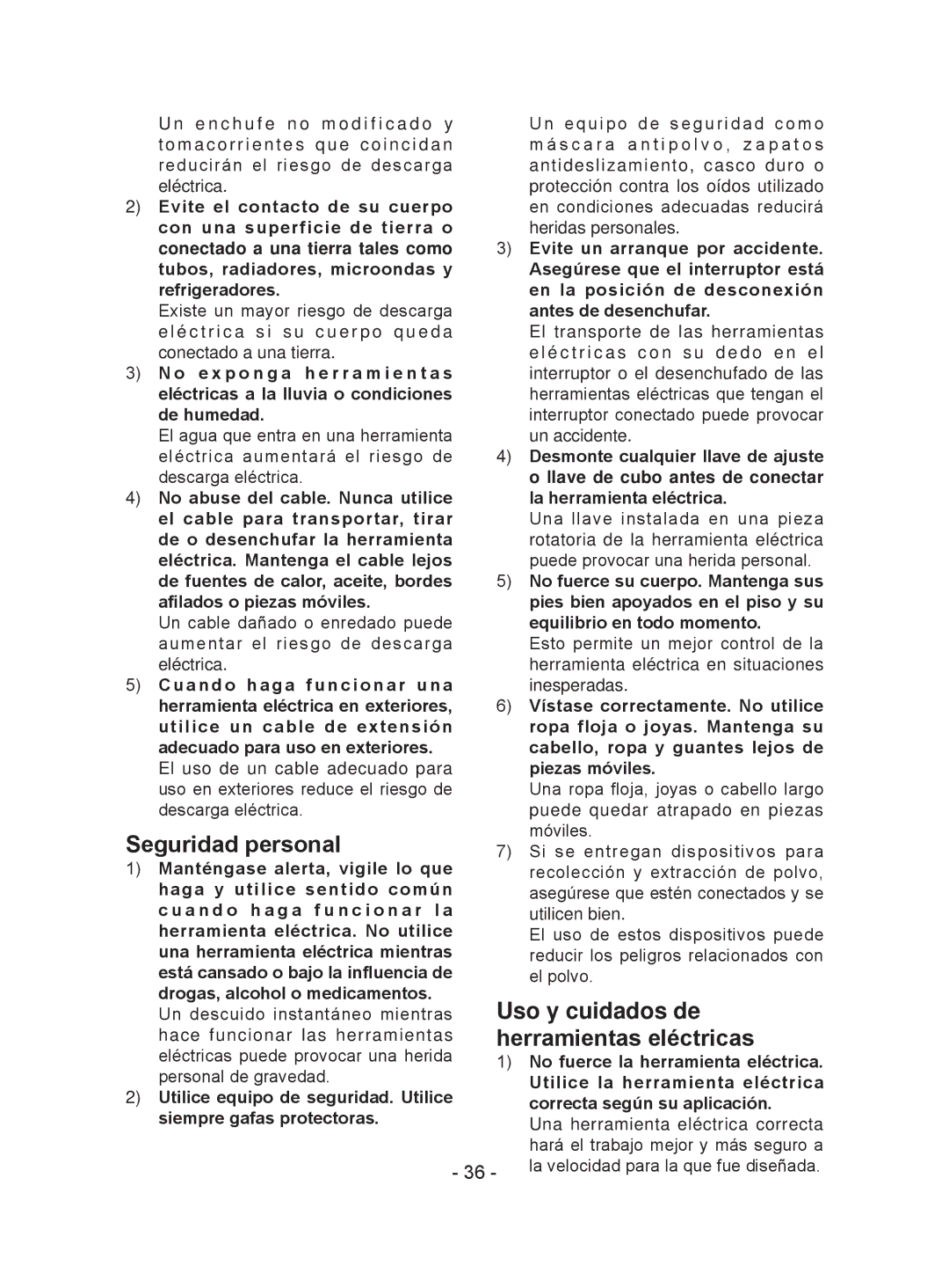 Panasonic EY74A1, EY7940, EY7441 operating instructions Seguridad personal, Uso y cuidados de, Herramientas eléctricas 