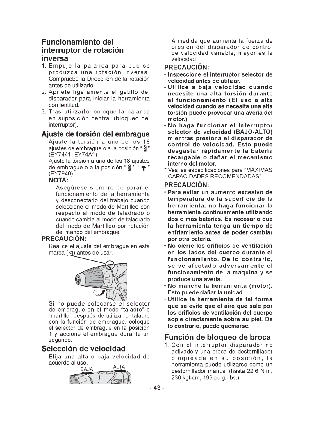 Panasonic EY7940, EY74A1, EY7441 Funcionamiento del interruptor de rotación inversa, Ajuste de torsión del embrague 