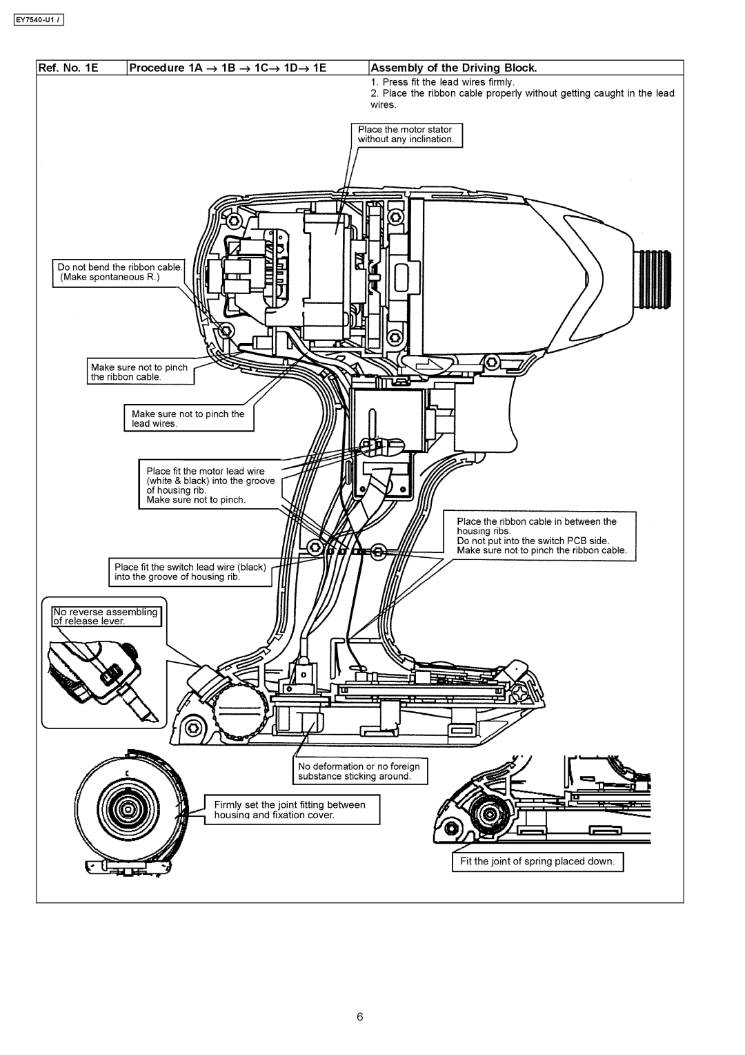 Panasonic EY7540-U1 specifications Press fit the lead wires firmly 