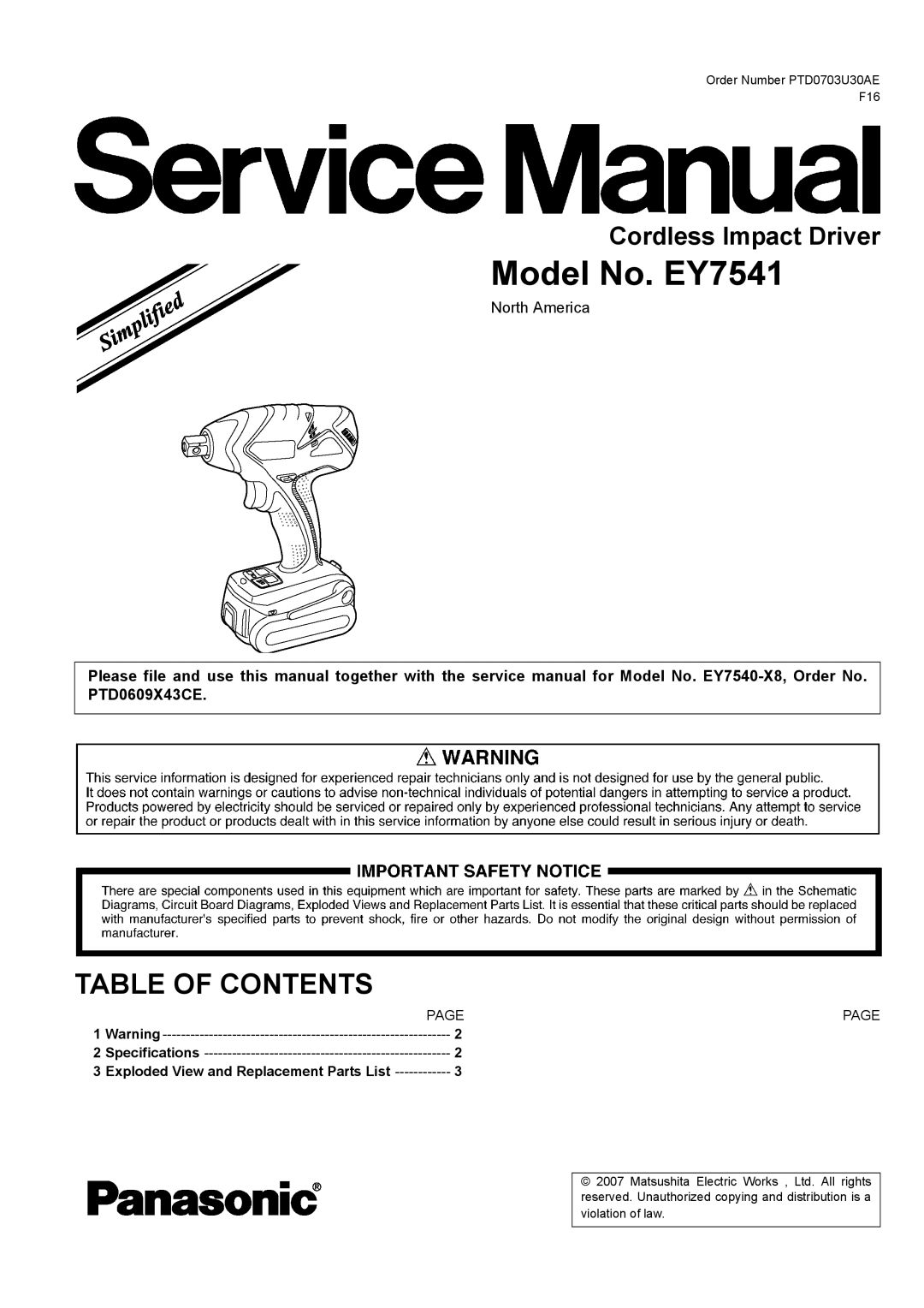 Panasonic specifications Model No. EY7541 