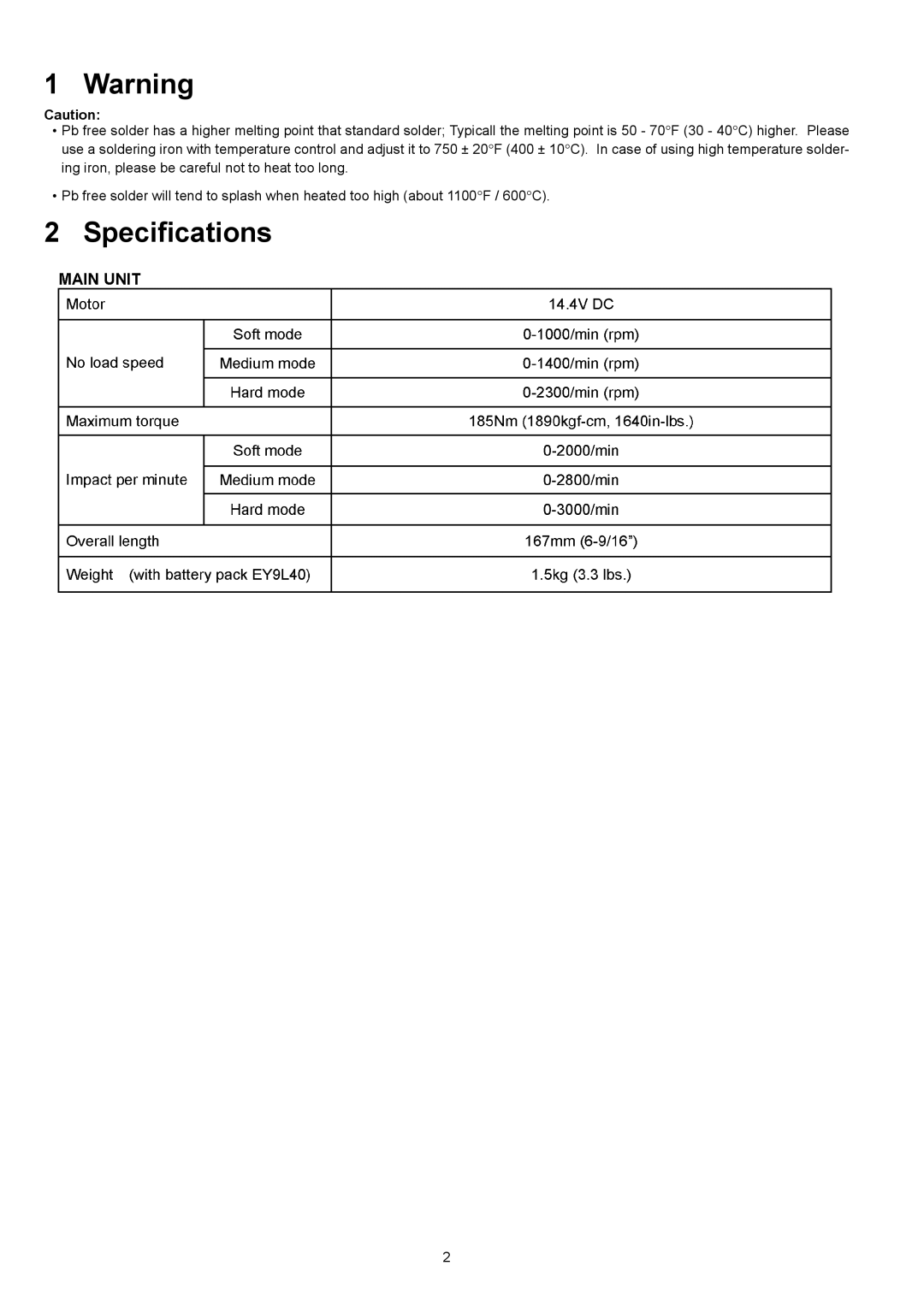 Panasonic EY7541 specifications Specifications 