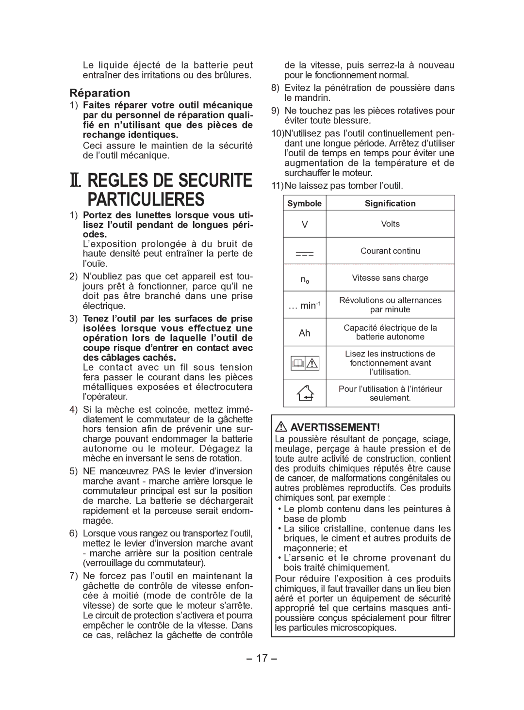 Panasonic EY7541 operating instructions Particulieres, Réparation, Avertissement, Symbole Signification 