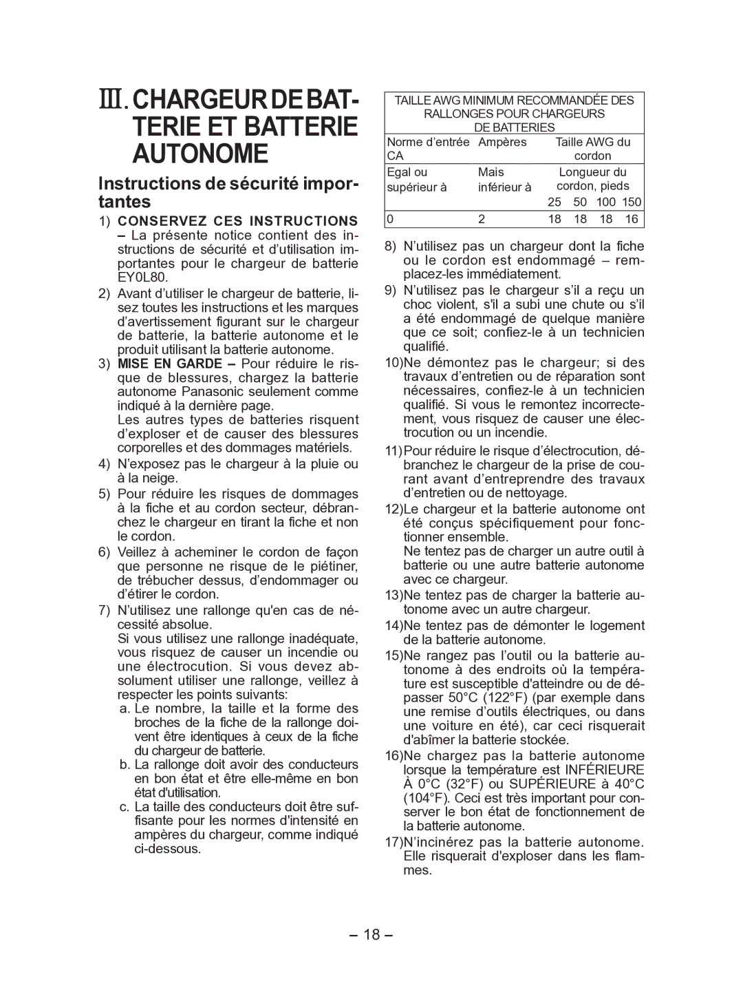 Panasonic EY7541 operating instructions Iii.Chargeurdebat­, Instructions de sécurité impor­ tantes 