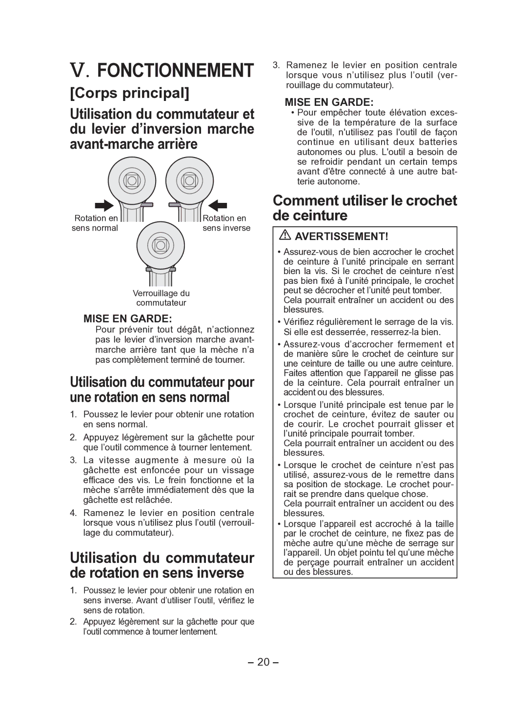 Panasonic EY7541 operating instructions Corps principal, Comment utiliser le crochet de ceinture, Mise EN Garde 