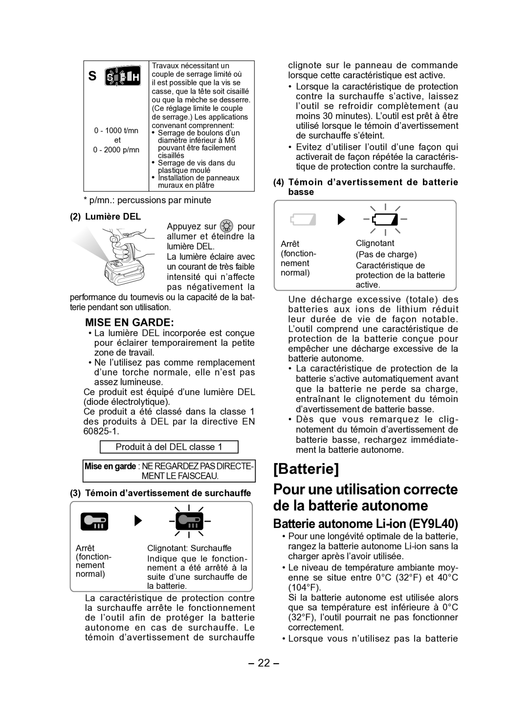 Panasonic EY7541 operating instructions Batterie autonome Li-ion EY9L40 