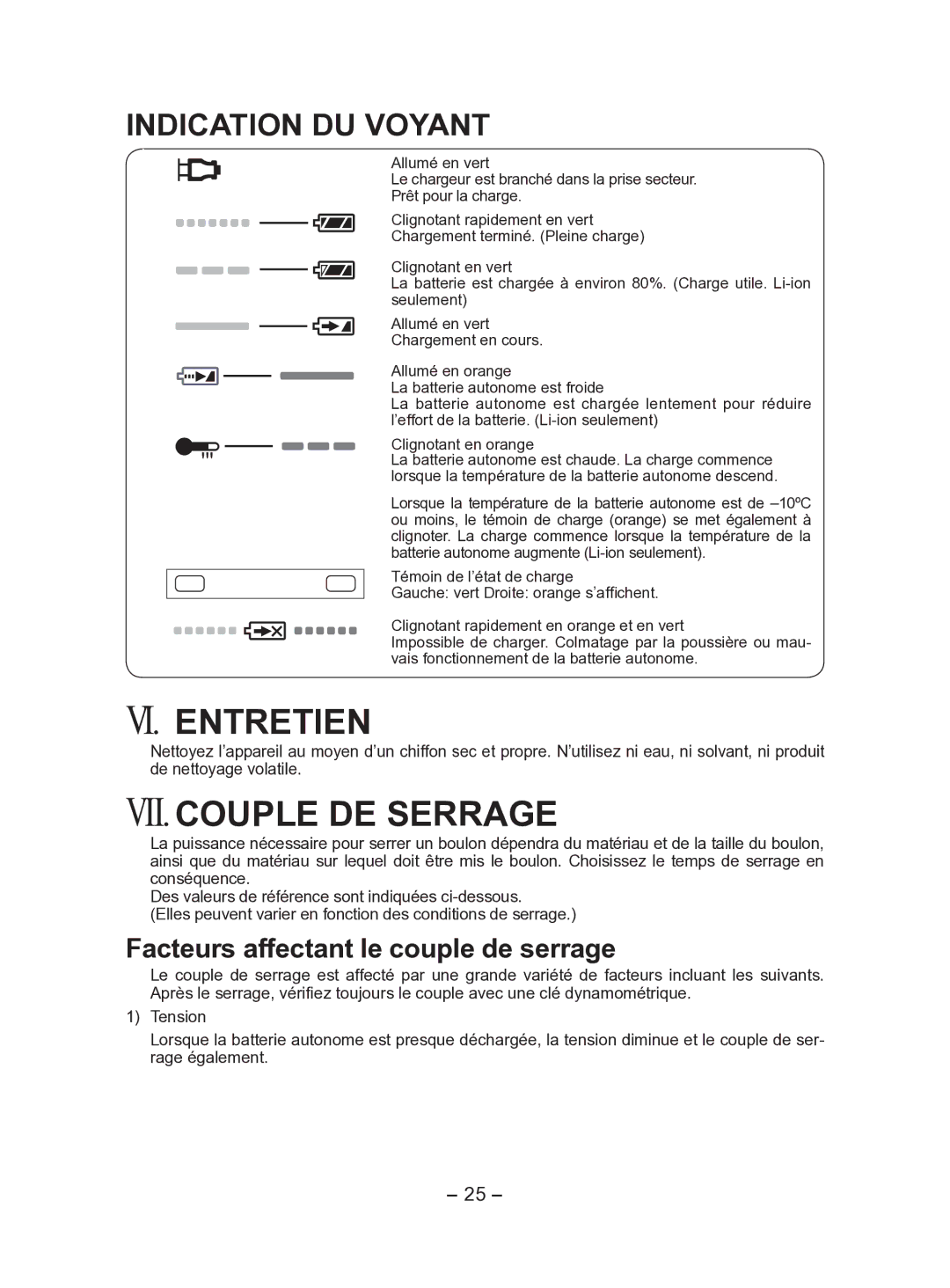 Panasonic EY7541 operating instructions VI. Entretien, VII.COUPLE DE Serrage, Facteurs affectant le couple de serrage 