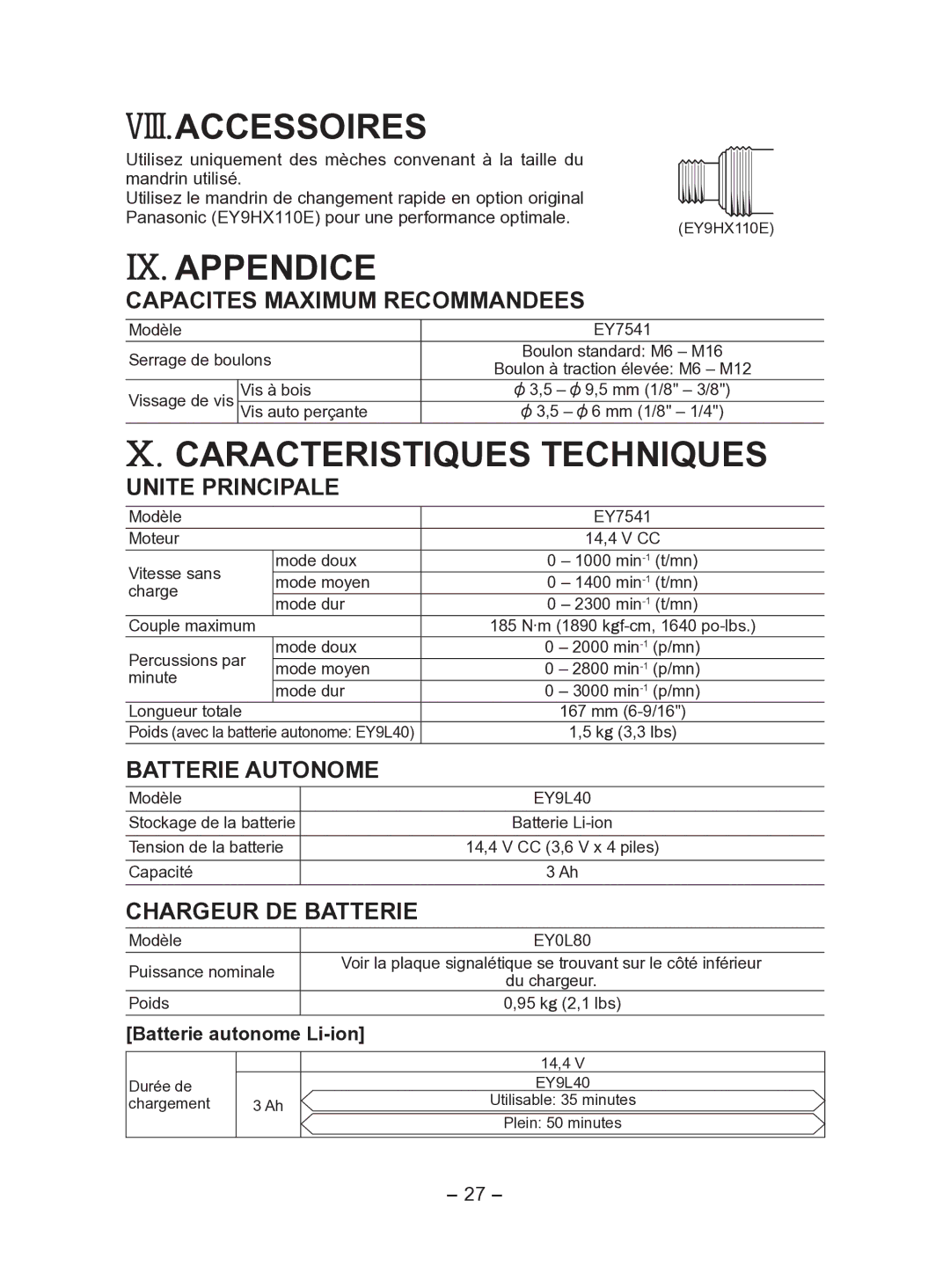 Panasonic EY7541 Viii.Accessoires, IX. Appendice, Caracteristiques Techniques, Batterie autonome Li-ion 