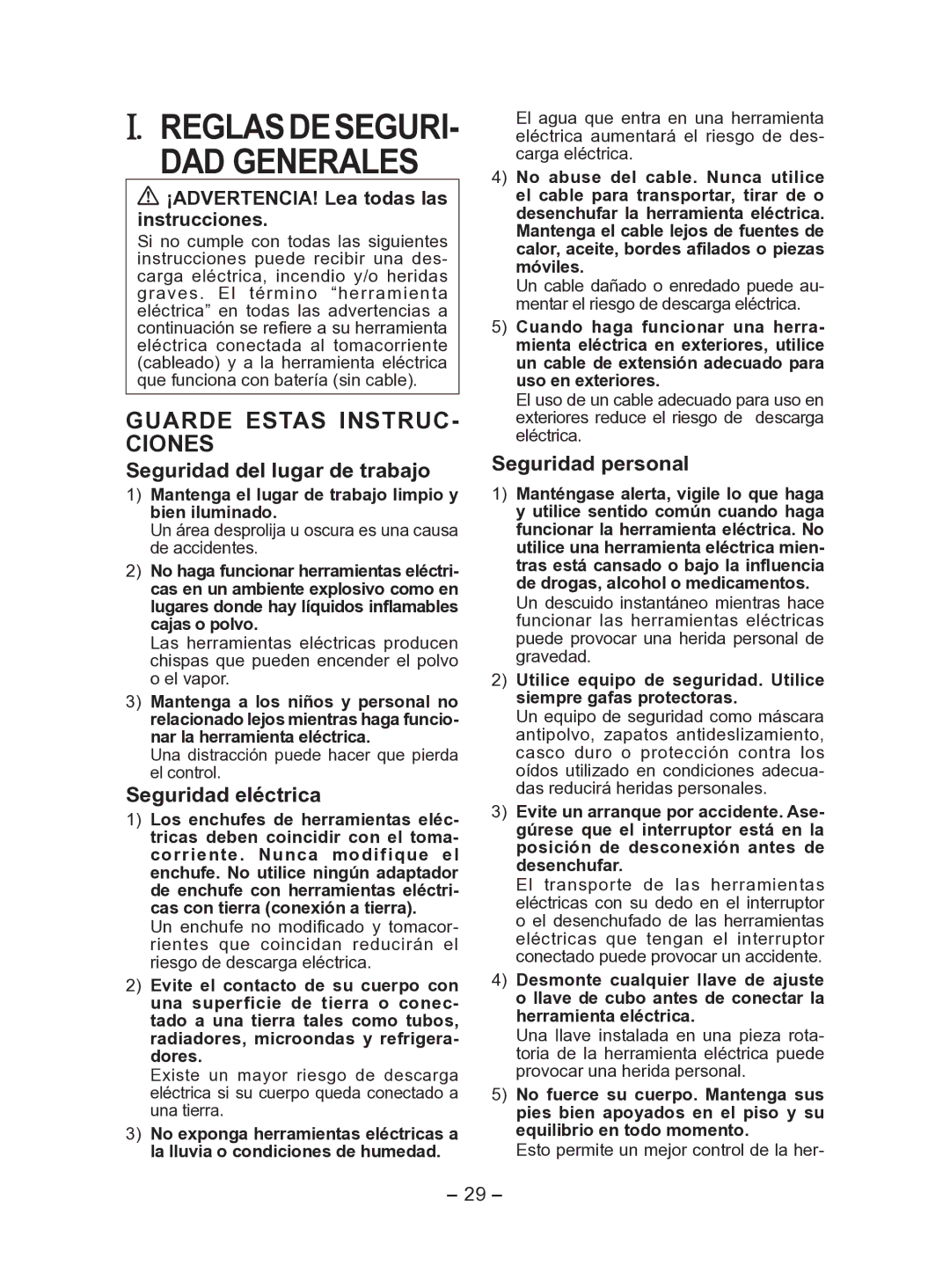 Panasonic EY7541 DAD Generales, Seguridad del lugar de trabajo, Seguridad eléctrica, Seguridad personal 