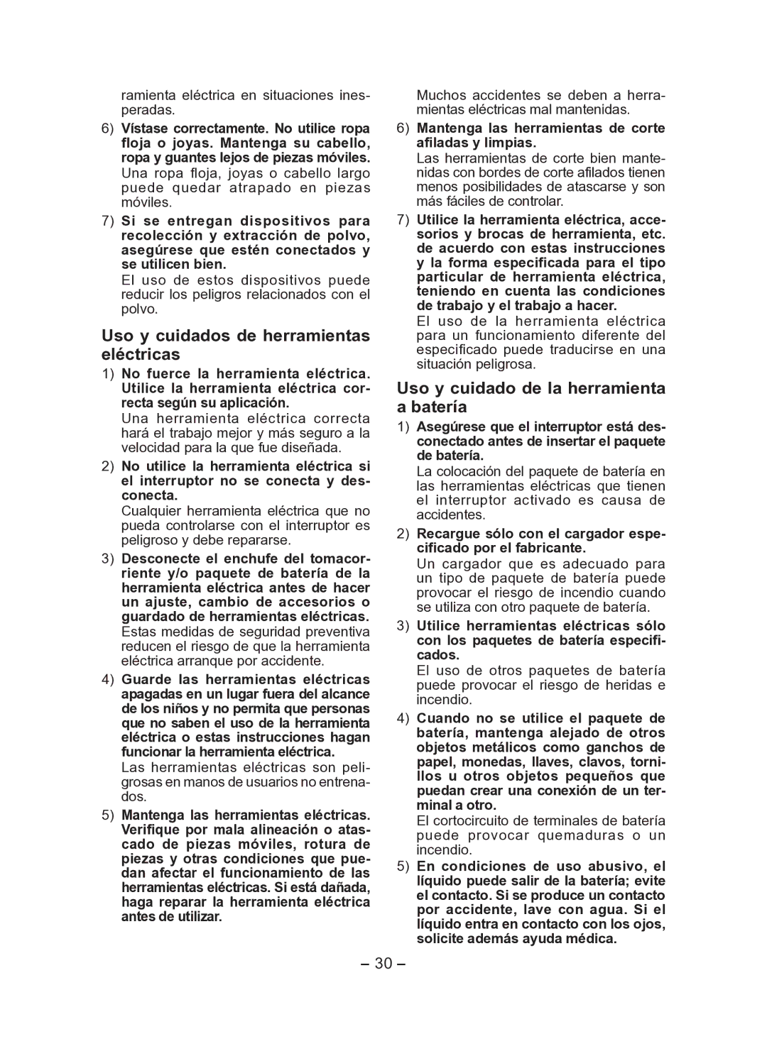 Panasonic EY7541 Uso y cuidados de herramientas eléctricas, Uso y cuidado de la herramienta a batería 