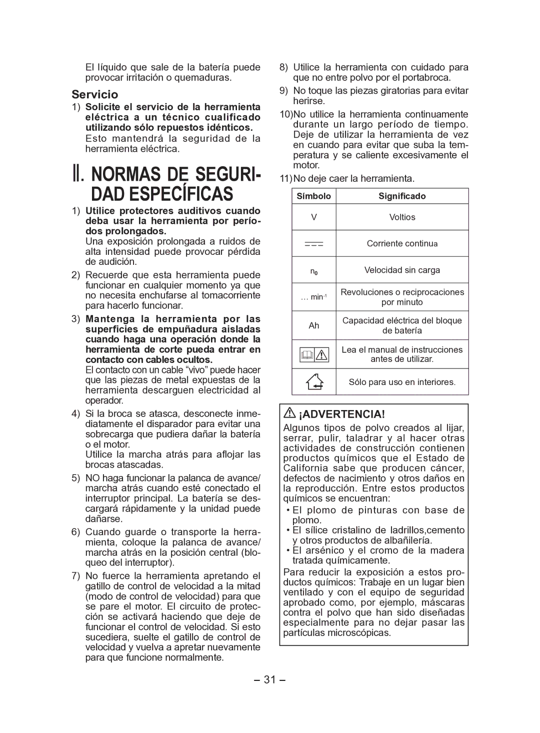 Panasonic EY7541 operating instructions DAD Específicas, Servicio, ¡Advertencia, Símbolo Significado 