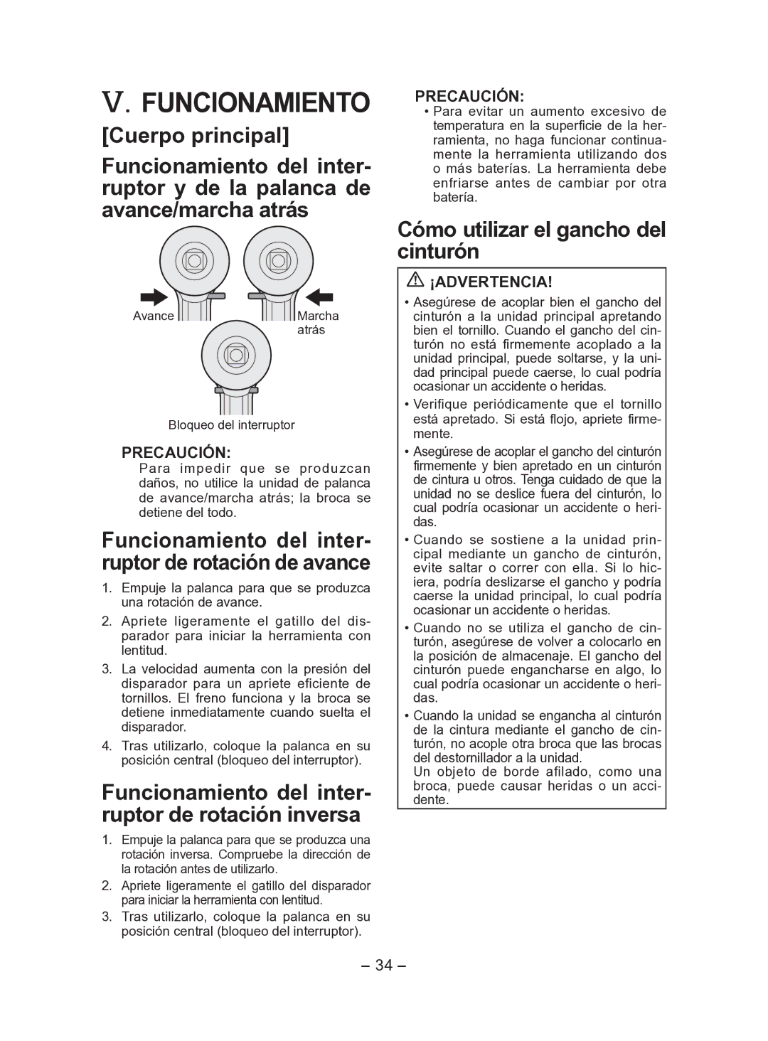 Panasonic EY7541 operating instructions Funcionamiento, Cuerpo principal, Cómo utilizar el gancho del cinturón, Precaución 