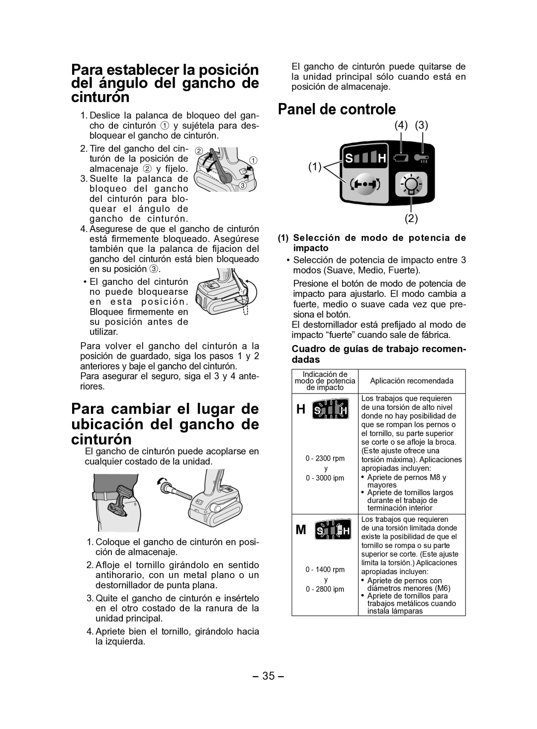 Panasonic EY7541 operating instructions Para cambiar el lugar de ubicación del gancho de cinturón, Panel de controle 